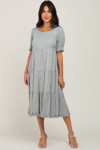 Sage Tiered Ruffle Hem Maternity Midi Dress sold by Pinkblush