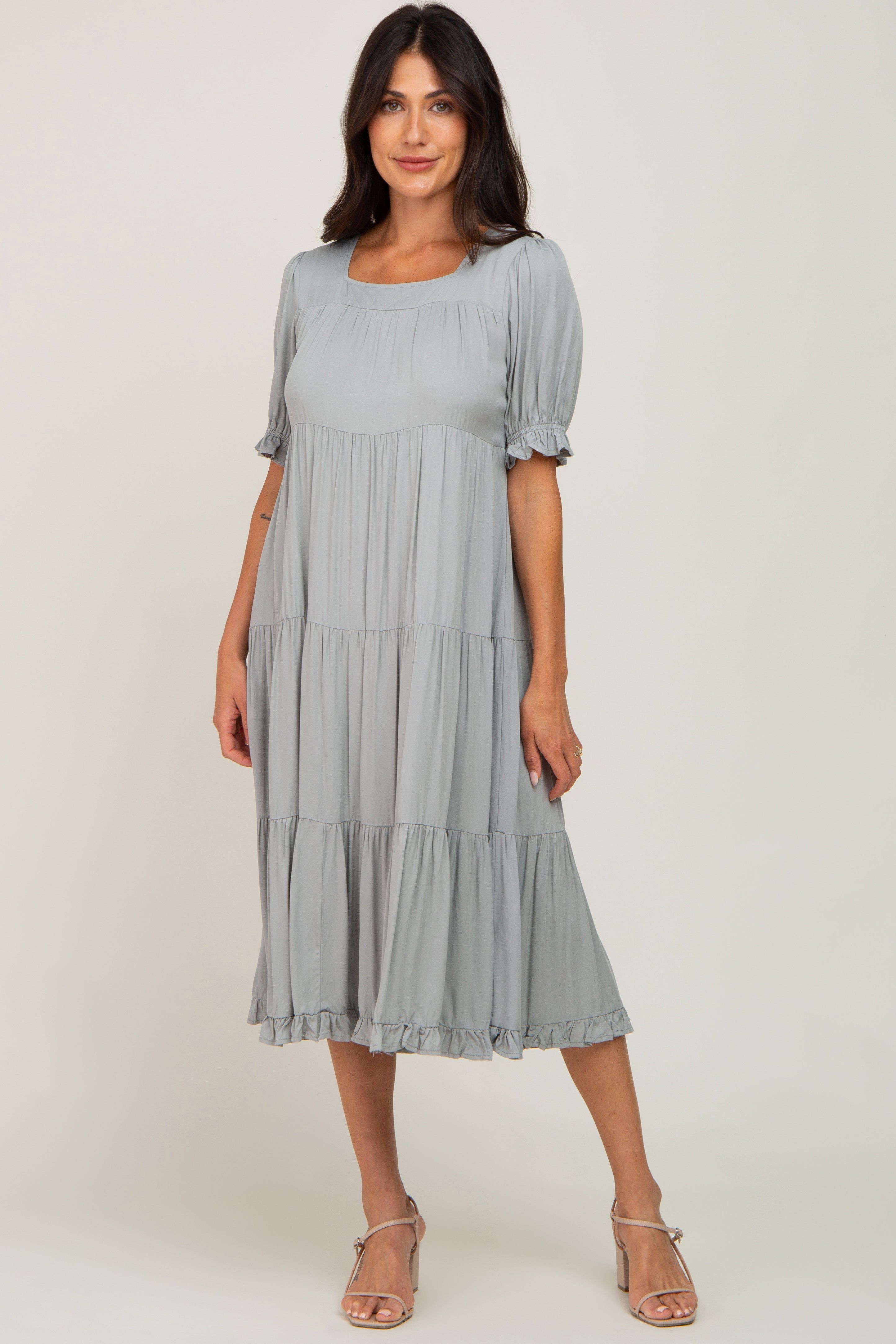 Sage Tiered Ruffle Hem Maternity Midi Dress sold by Pinkblush product image thumbnail 4
