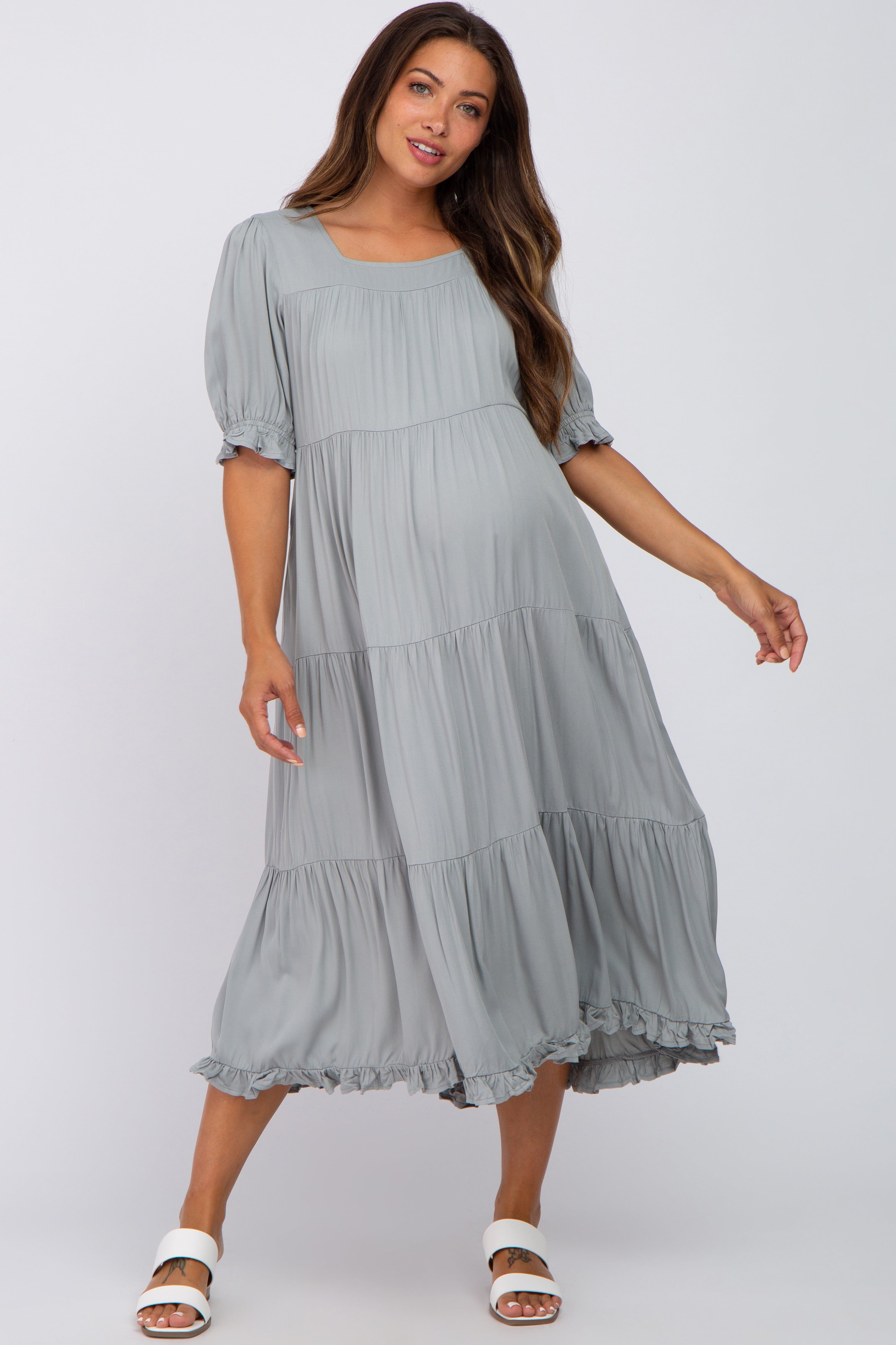 Sage Tiered Ruffle Hem Maternity Midi Dress sold by Pinkblush