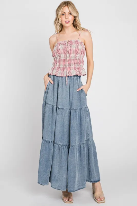 Denim Chambray Tiered  Maxi Skirt sold by Pinkblush