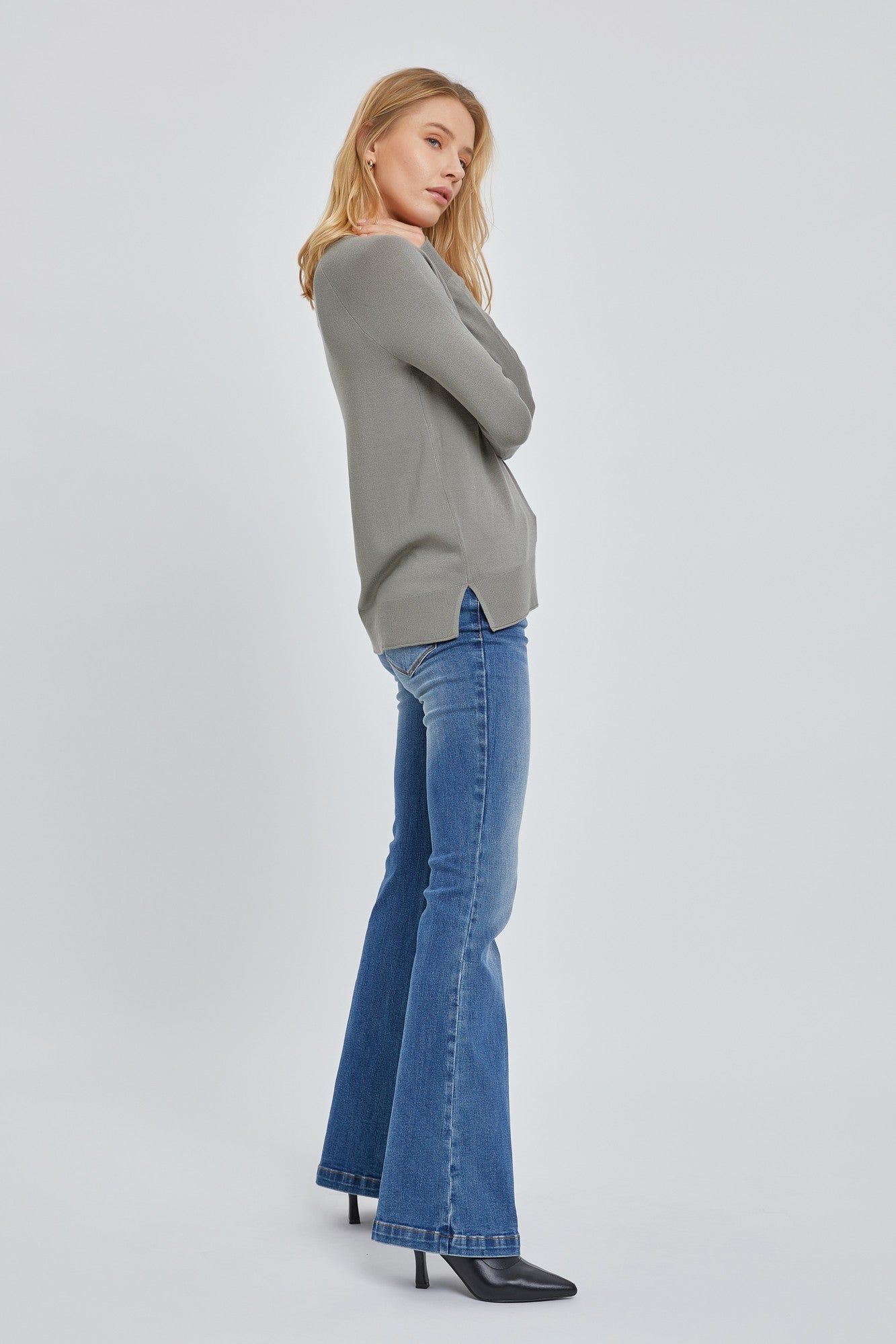 Olive Fine Knit V-Neck Side Slit Top sold by Pinkblush product image thumbnail 2