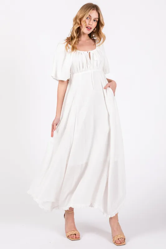 White Front Tie Puff Sleeve Maxi Dress sold by Pinkblush