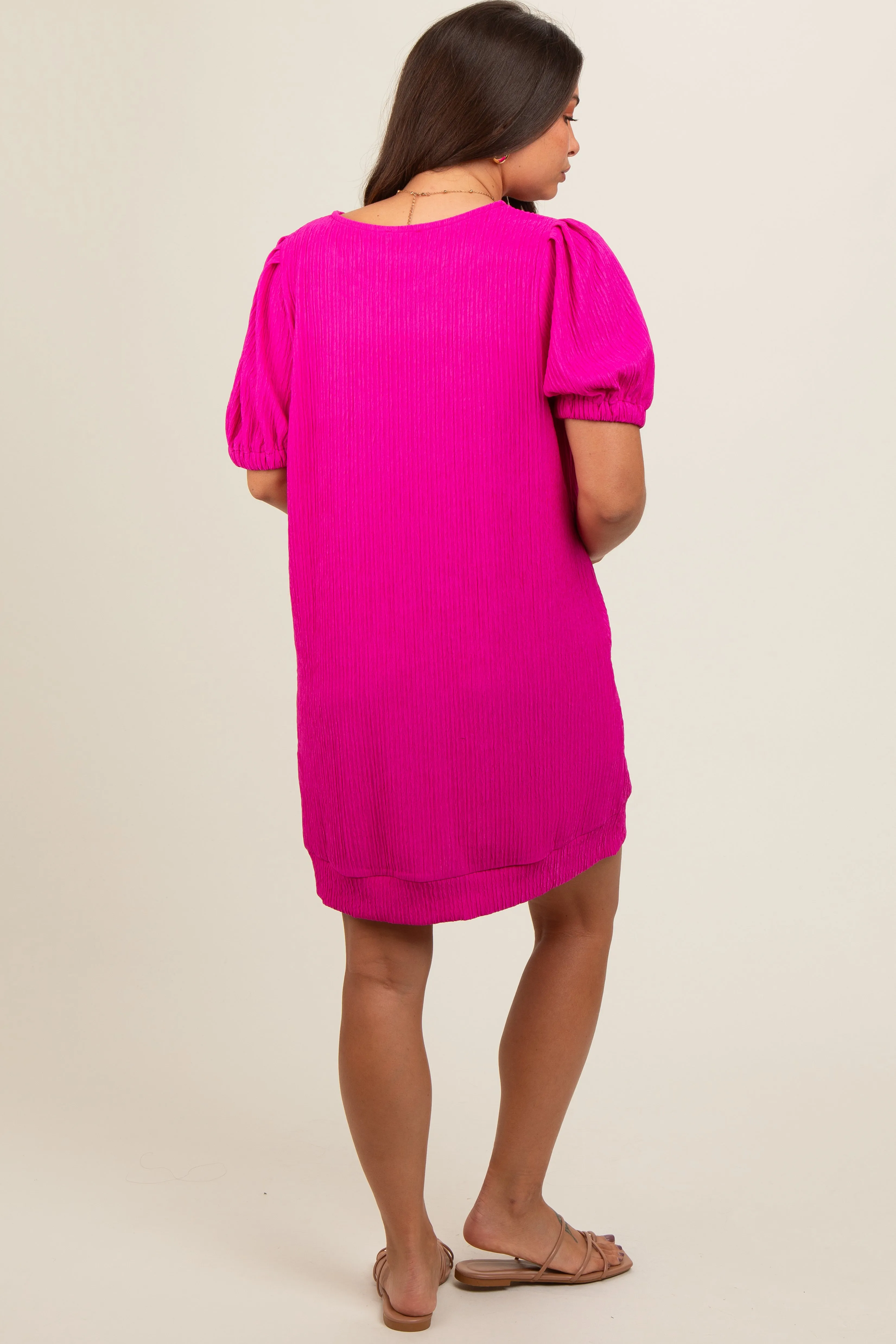 Fuchsia Textured Stripe Knit Short Puff Sleeve Maternity Dress sold by Pinkblush product image thumbnail 4