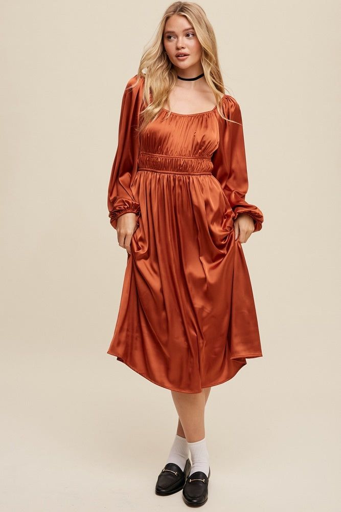 Rust Empire Waist Long Sleeve Satin Midi Dress sold by Pinkblush product image thumbnail 2