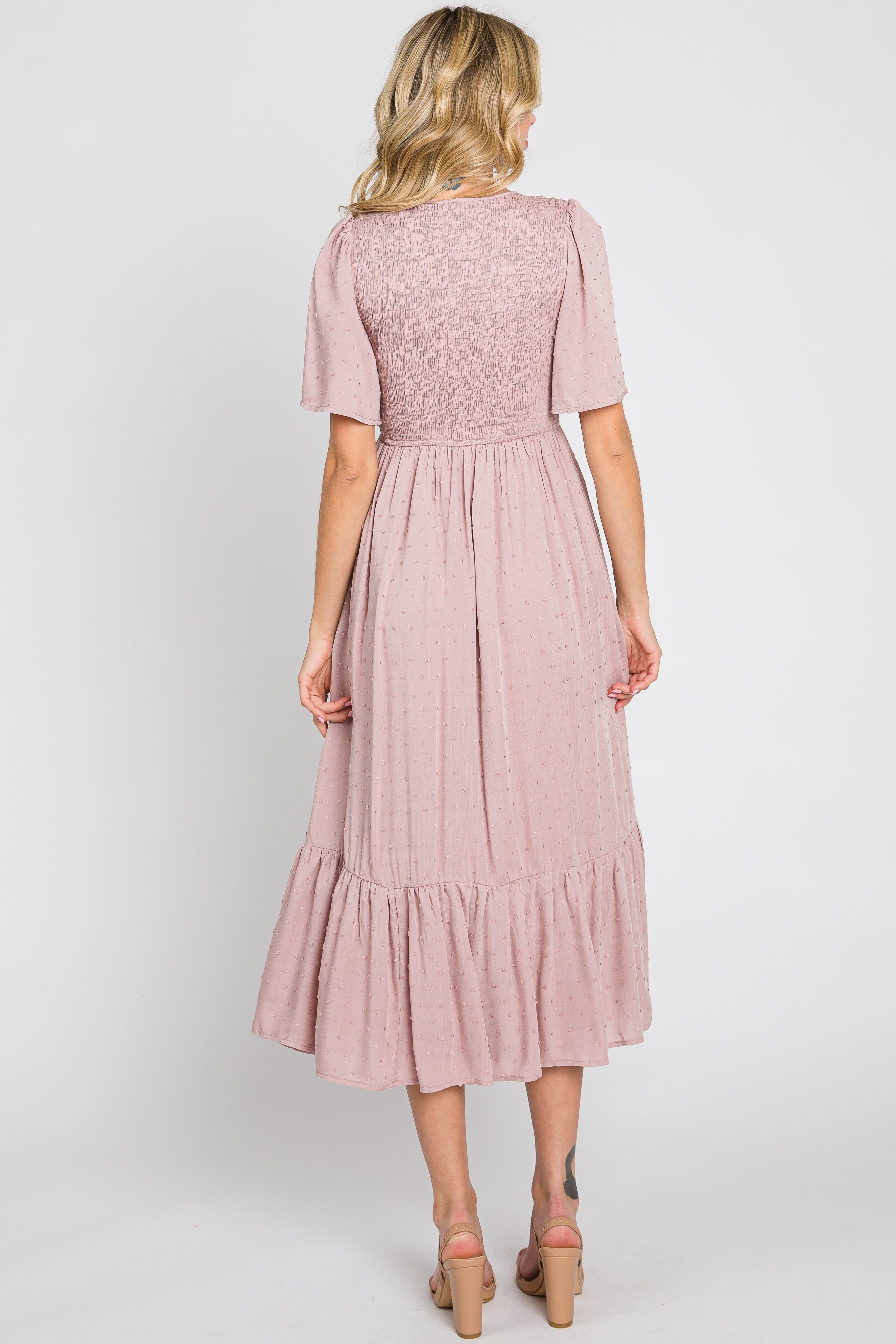 Mauve Textured Dot Smocked Short Sleeve Midi Dress sold by Pinkblush product image thumbnail 3