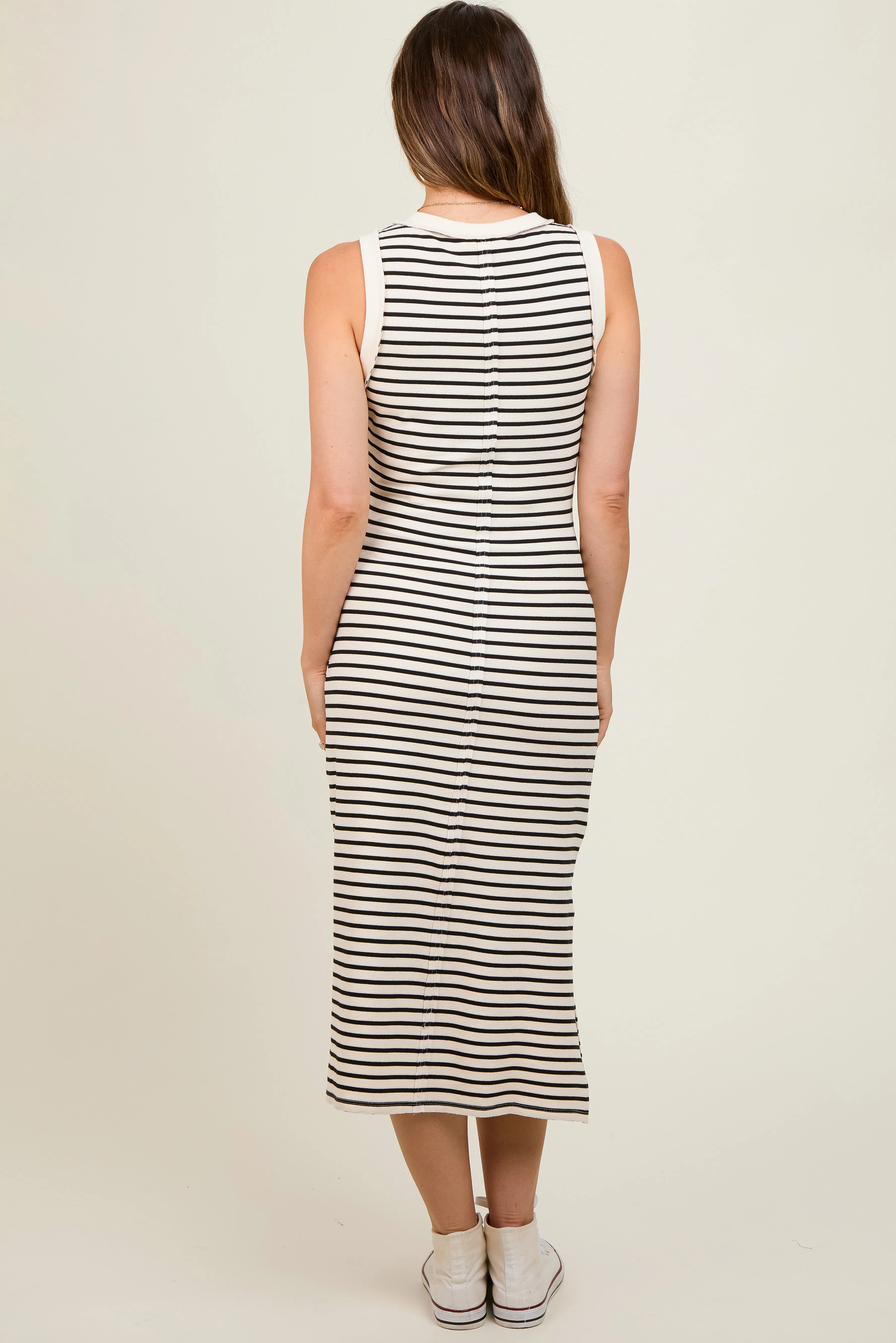 Cream Black Striped Sleeveless Maternity Midi Dress sold by Pinkblush product image thumbnail 4
