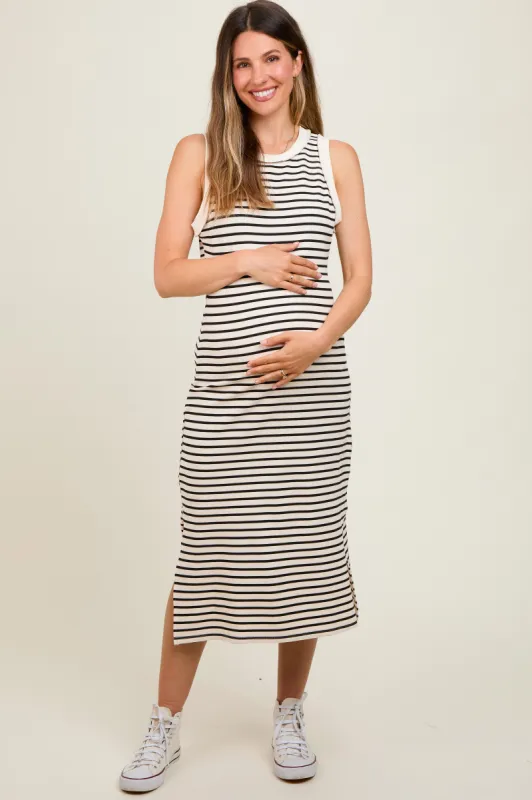 Cream Black Striped Sleeveless Maternity Midi Dress sold by Pinkblush