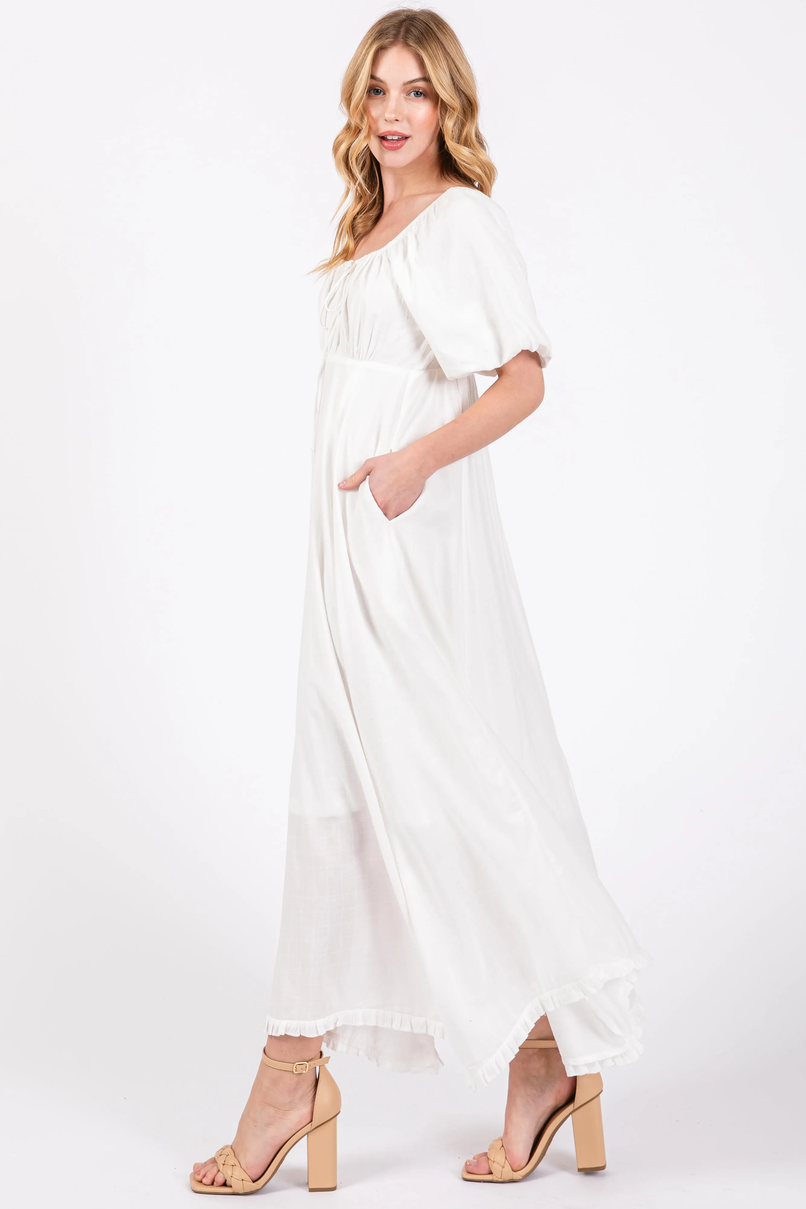 White Front Tie Puff Sleeve Maxi Dress sold by Pinkblush product image thumbnail 2
