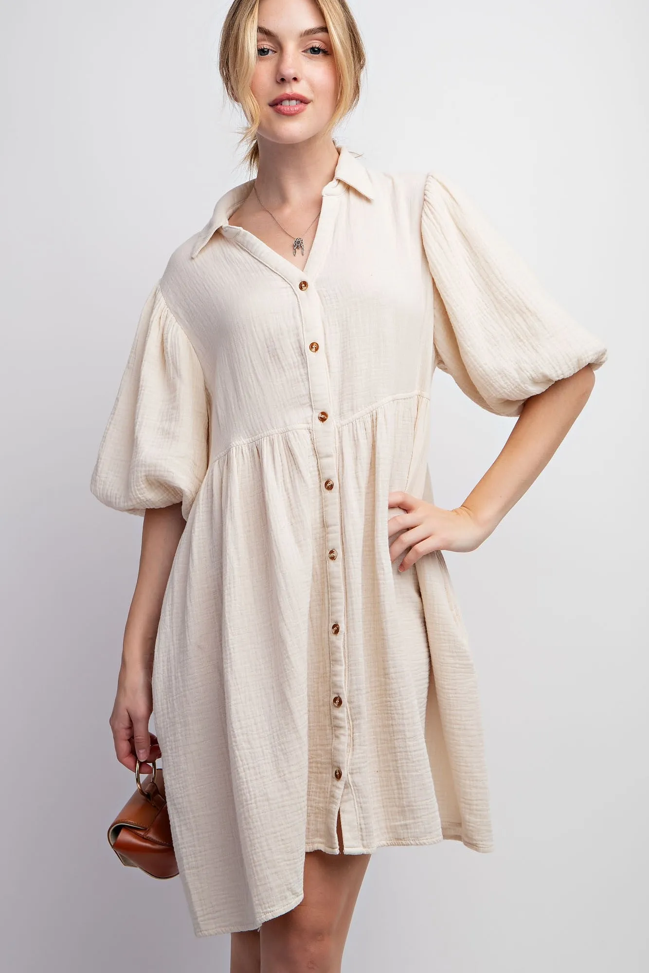 Cream Button Down Bubble Sleeve Collared Dress sold by Pinkblush