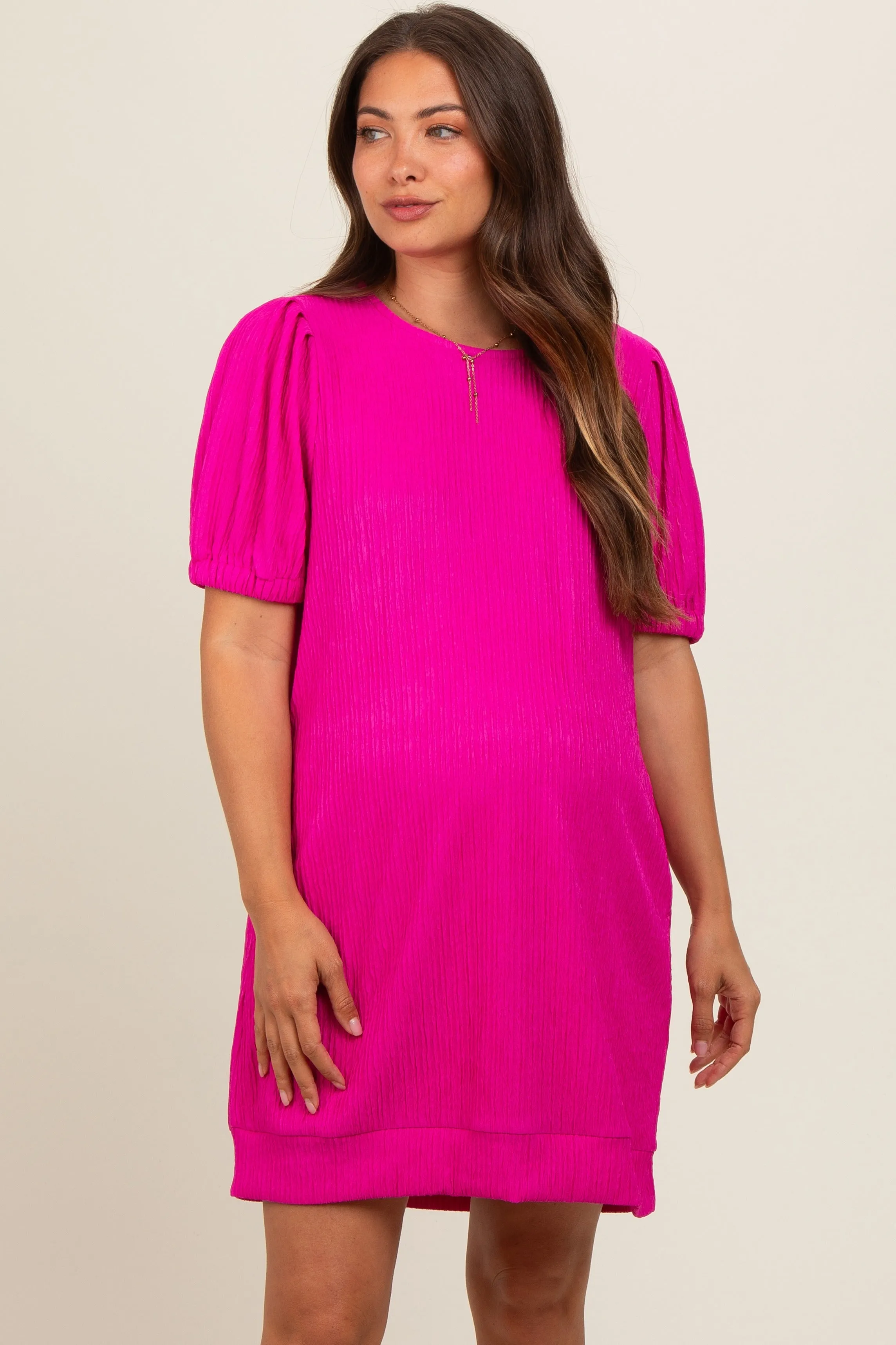 Fuchsia Textured Stripe Knit Short Puff Sleeve Maternity Dress sold by Pinkblush product image thumbnail 2