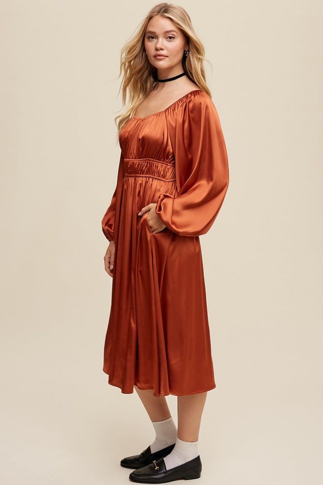 Rust Empire Waist Long Sleeve Satin Midi Dress sold by Pinkblush product image thumbnail 3