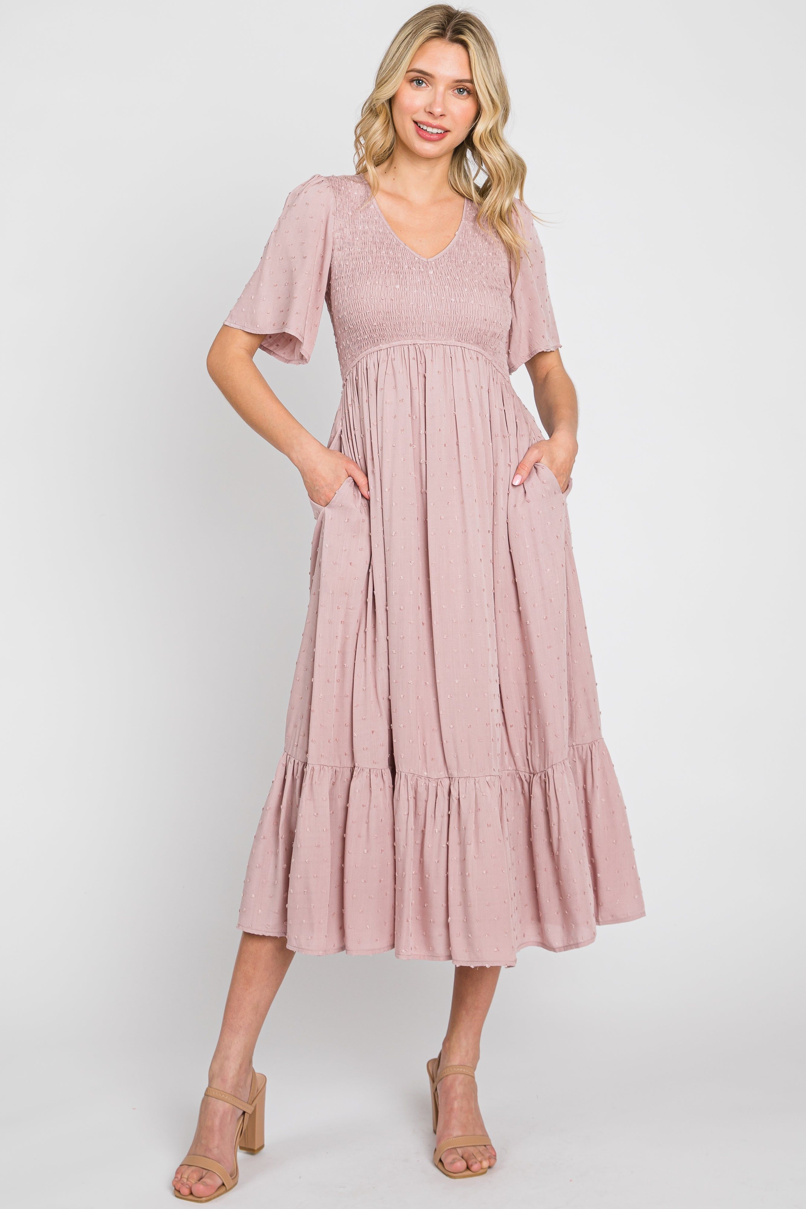 Mauve Textured Dot Smocked Short Sleeve Midi Dress sold by Pinkblush