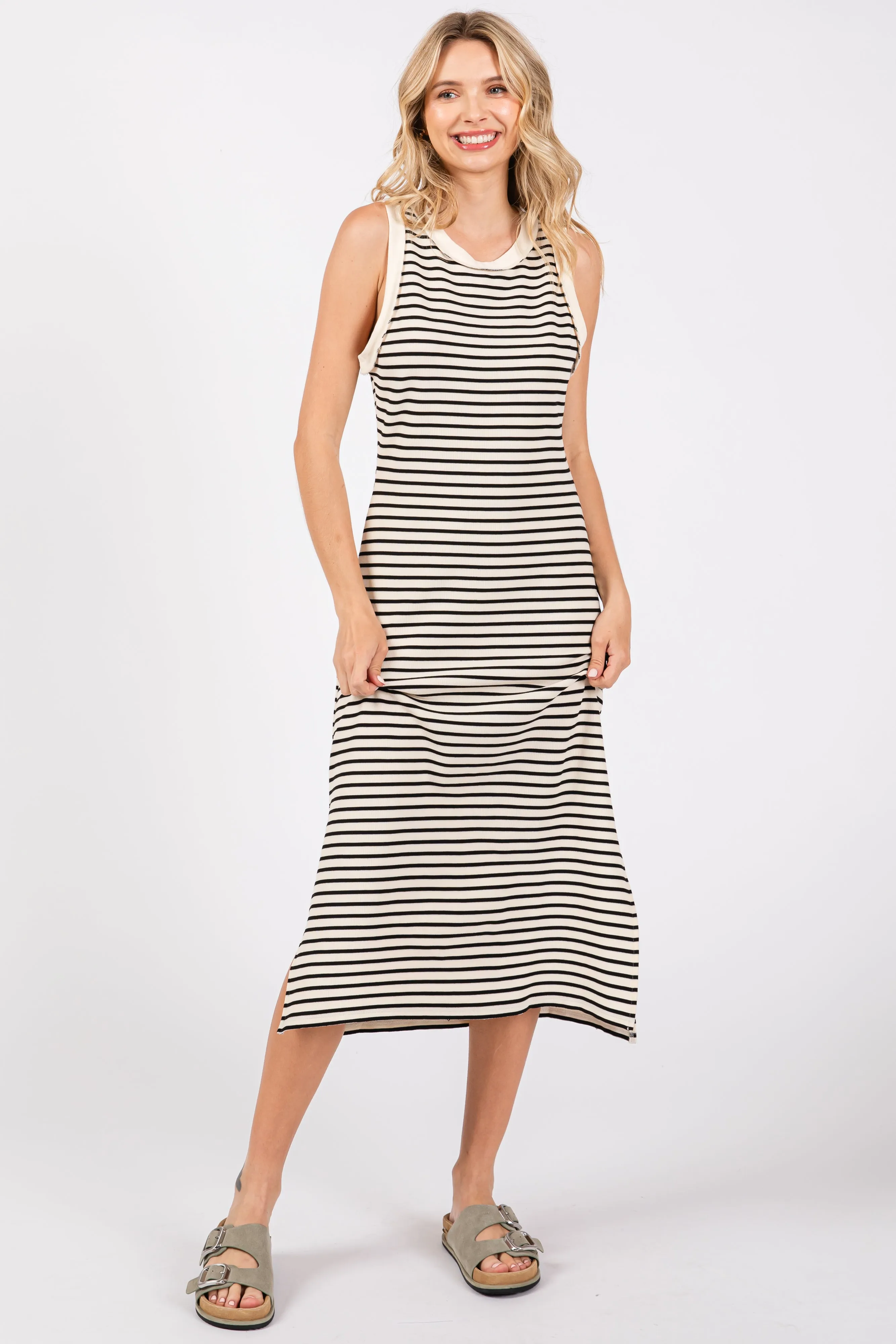 Cream Black Striped Sleeveless Maternity Midi Dress sold by Pinkblush product image thumbnail 5