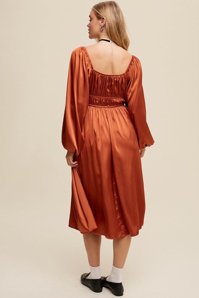 Rust Empire Waist Long Sleeve Satin Midi Dress sold by Pinkblush product image thumbnail 4