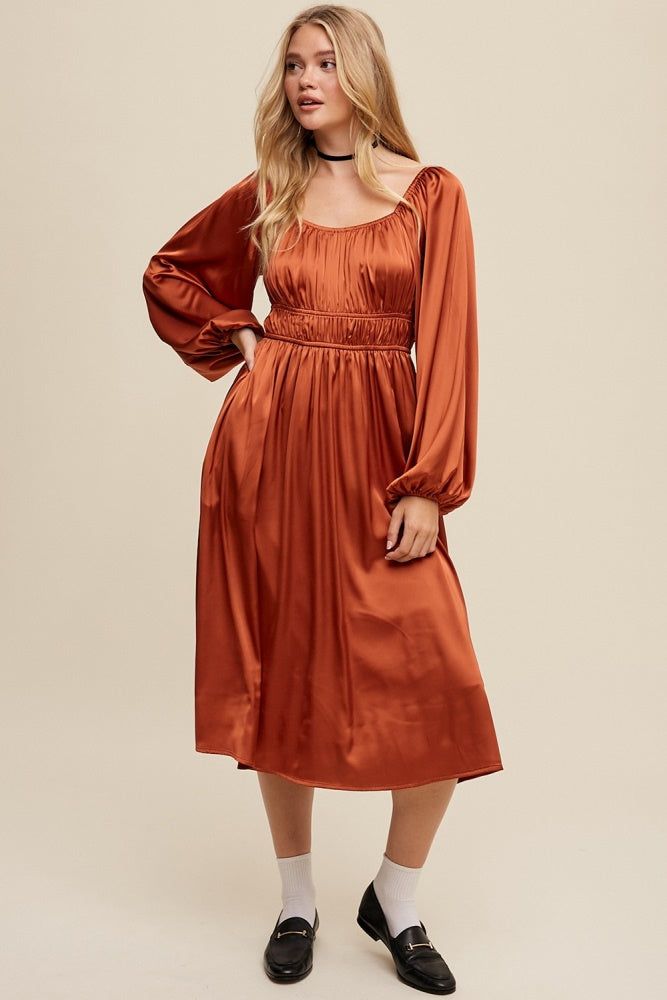 Rust Empire Waist Long Sleeve Satin Midi Dress sold by Pinkblush