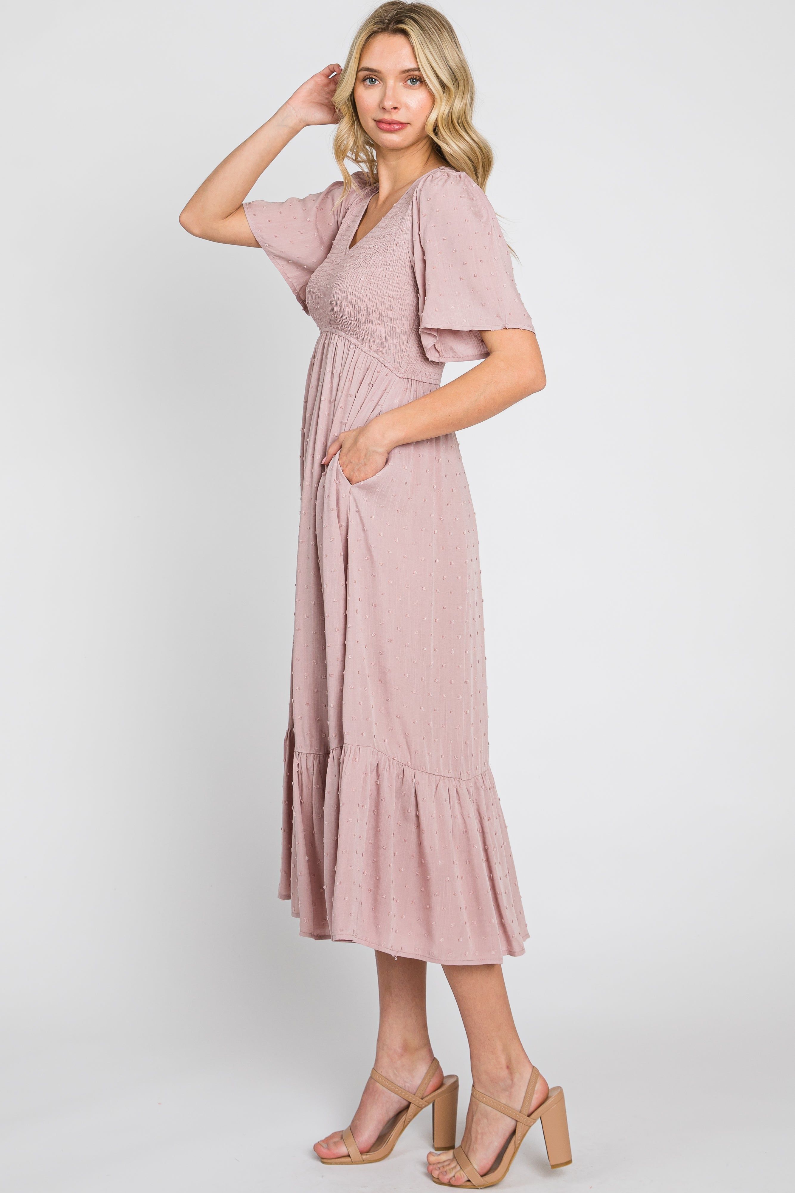 Mauve Textured Dot Smocked Short Sleeve Midi Dress sold by Pinkblush product image thumbnail 2