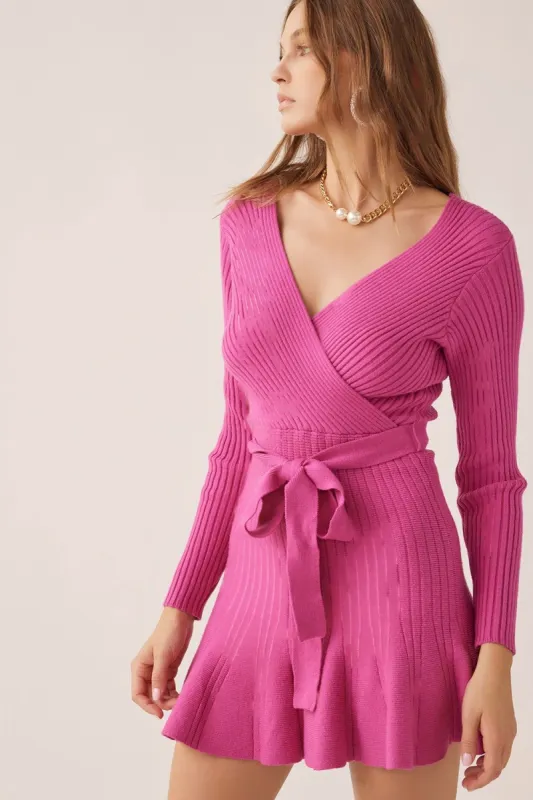 Magenta Pink Waist Tie Ribbed Knit Mini Dress sold by Pinkblush