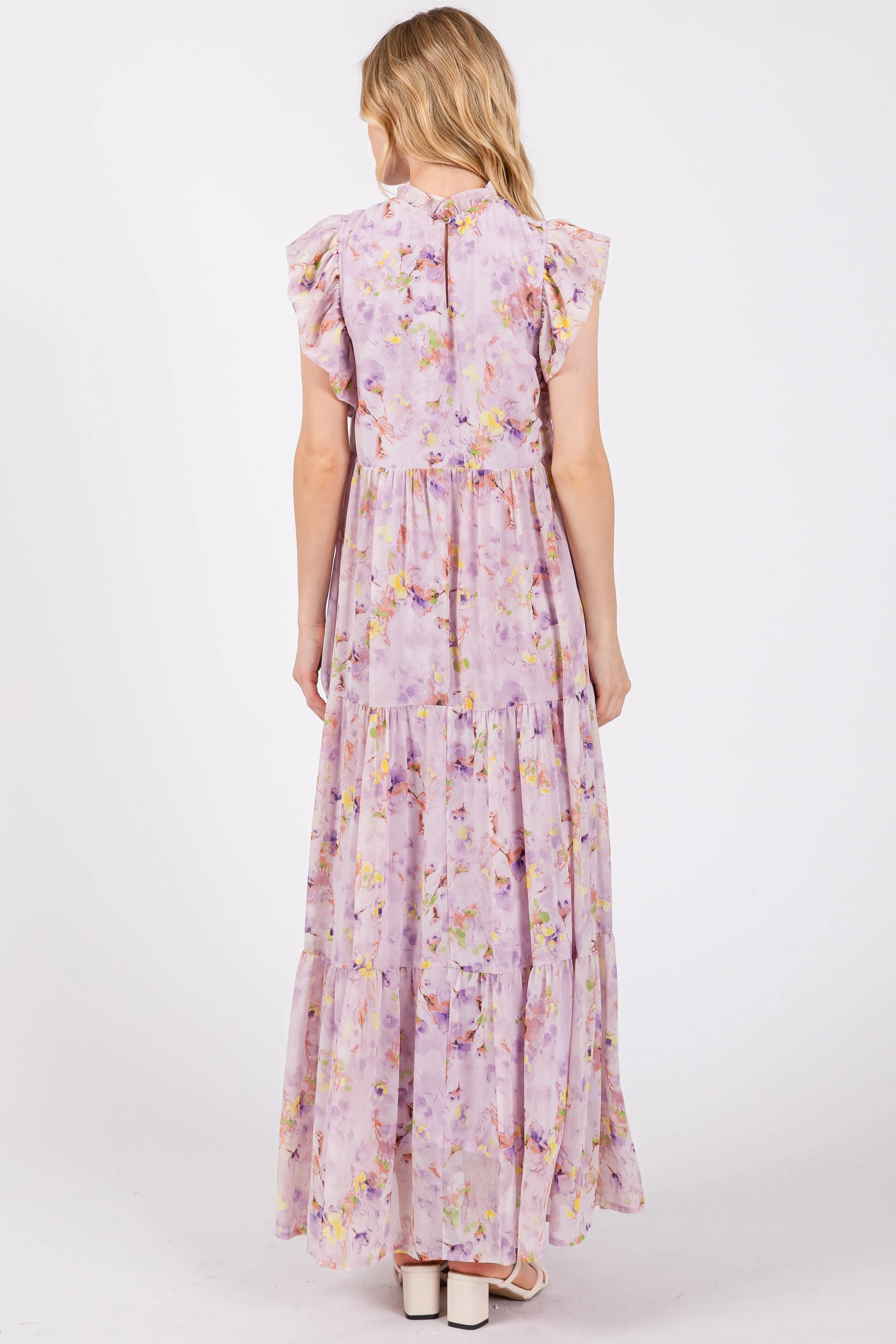 Lavender Floral Chiffon Ruffle Shoulder Tiered Maxi Dress sold by Pinkblush product image thumbnail 3