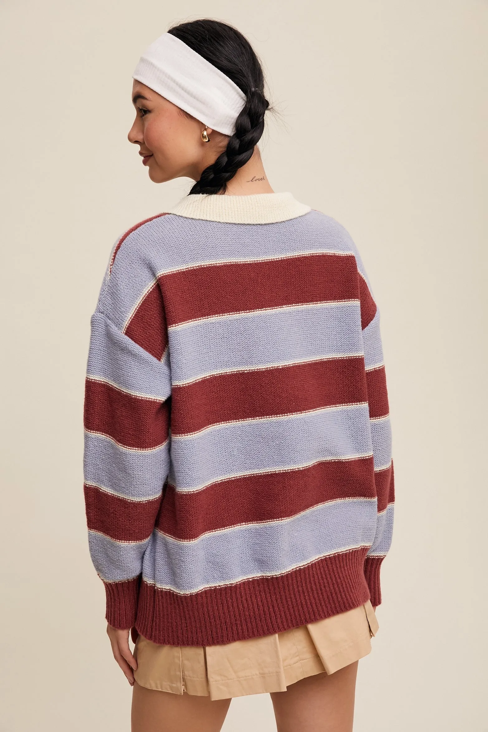 Burgundy Striped Polo Knit Sweater sold by Pinkblush product image thumbnail 3