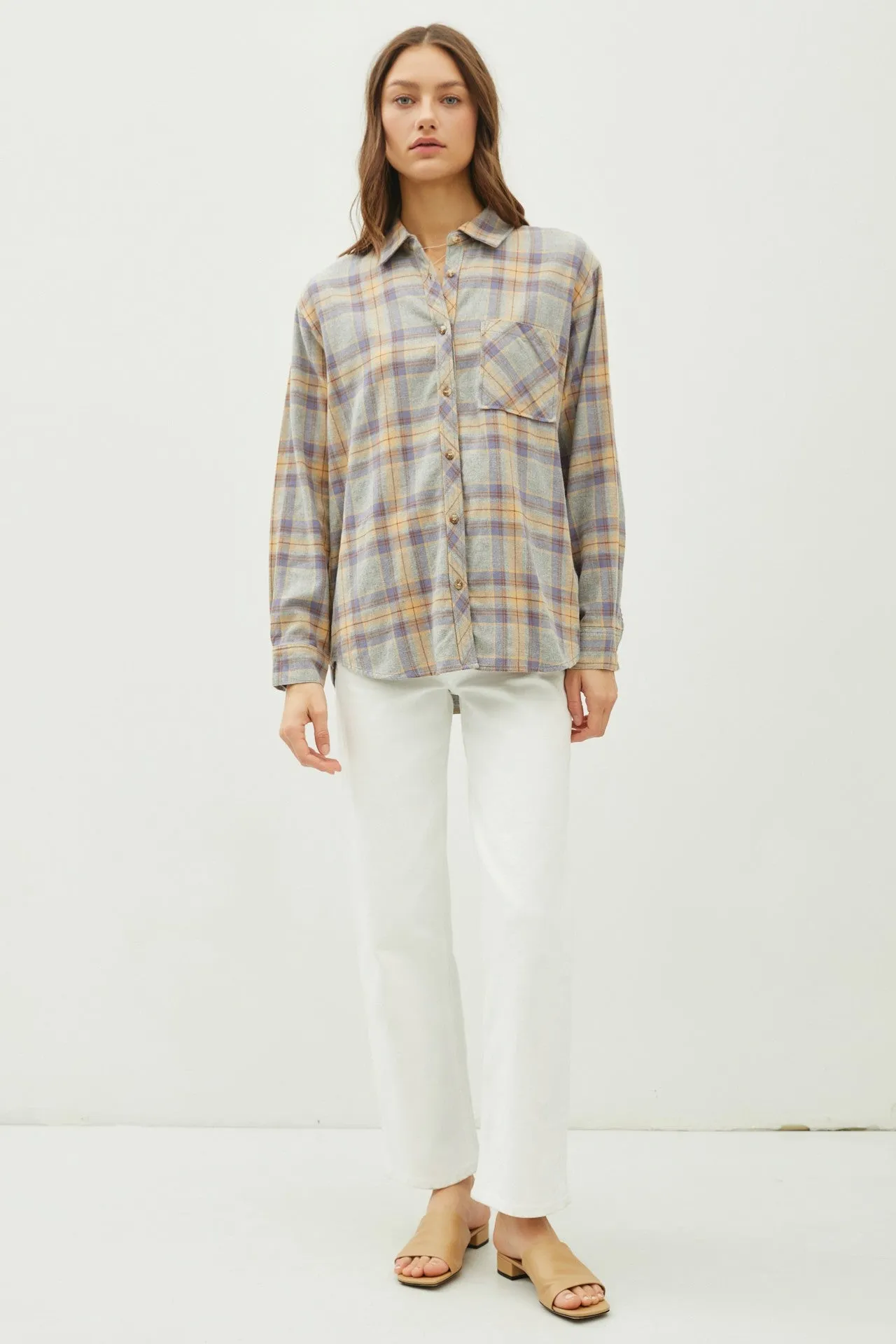 Grey Plaid Flannel Long Sleeve Oversize Button Up Shirt sold by Pinkblush product image thumbnail 5