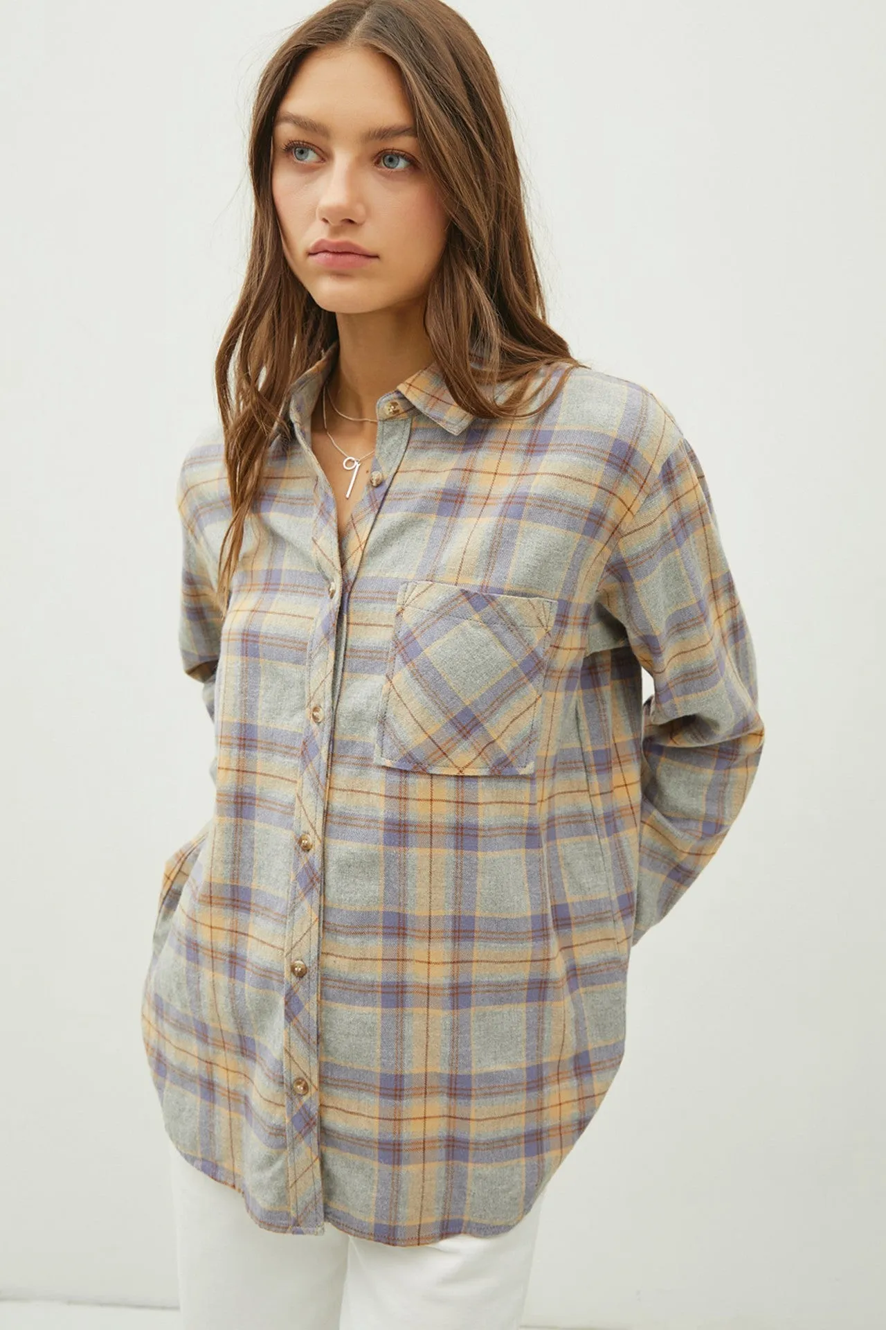 Grey Plaid Flannel Long Sleeve Oversize Button Up Shirt sold by Pinkblush product image thumbnail 2