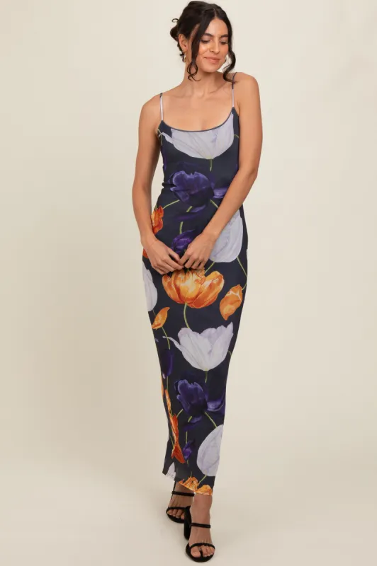 Navy Blue Floral Mesh Sleeveless Maxi Dress sold by Pinkblush