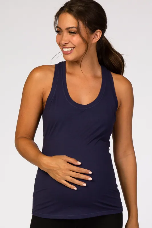 Navy Blue Solid Active Racerback Maternity Tank Top sold by Pinkblush