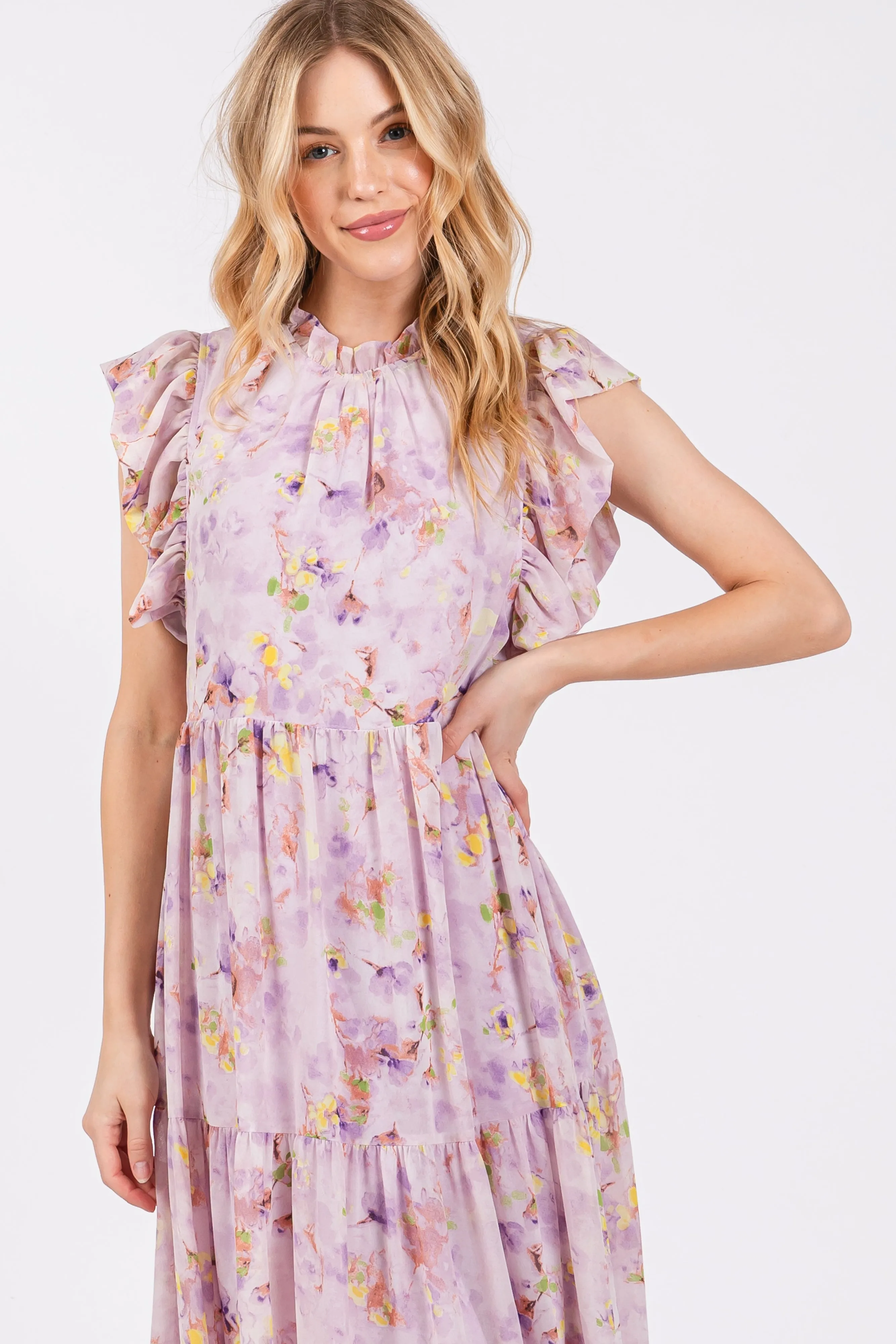 Lavender Floral Chiffon Ruffle Shoulder Tiered Maxi Dress sold by Pinkblush product image thumbnail 4