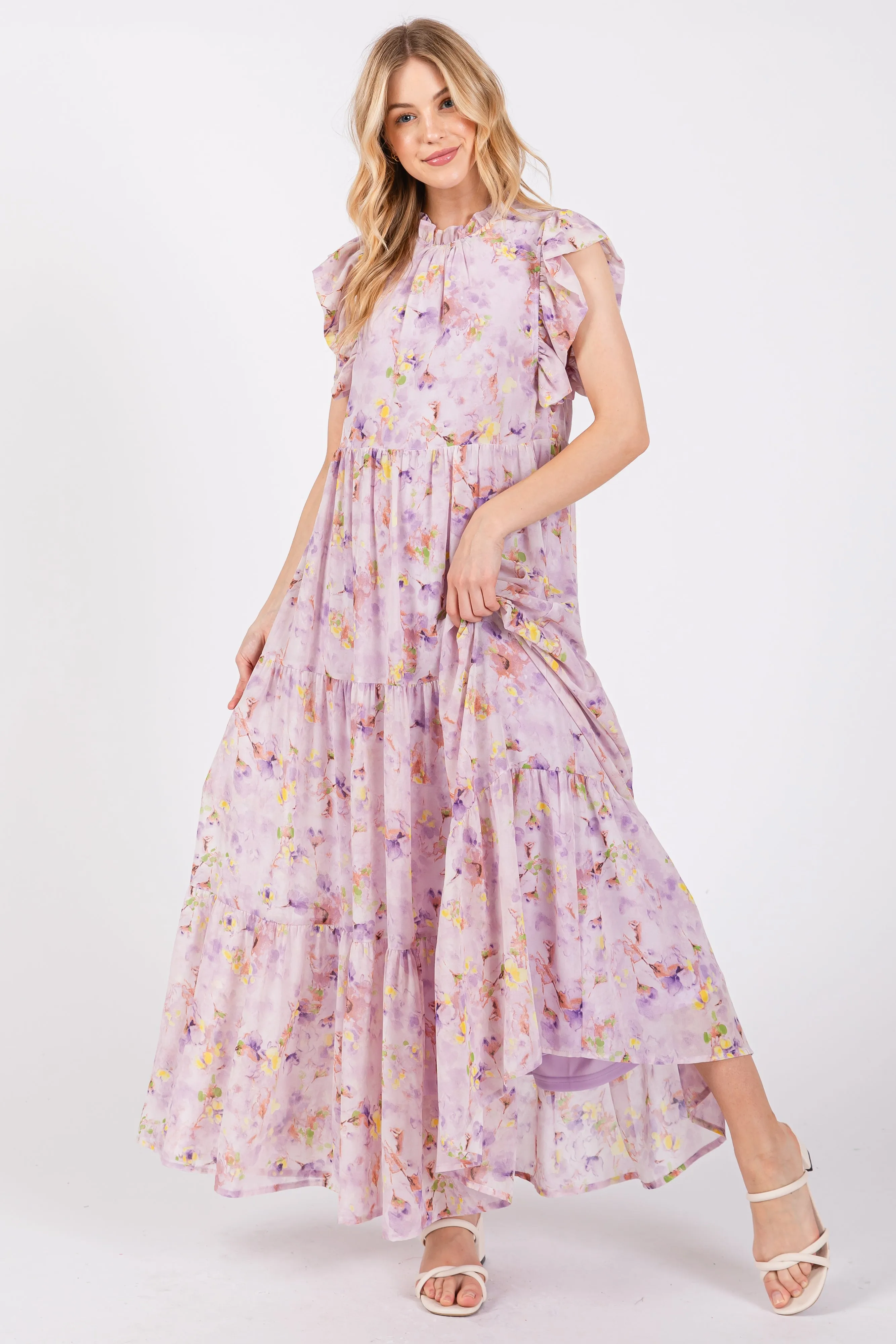 Lavender Floral Chiffon Ruffle Shoulder Tiered Maxi Dress sold by Pinkblush