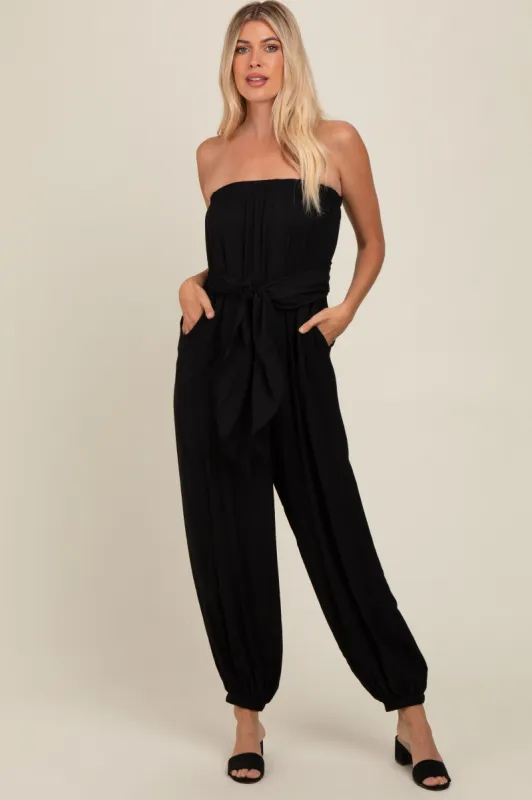 Black Strapless Sash Tie Jumpsuit sold by Pinkblush