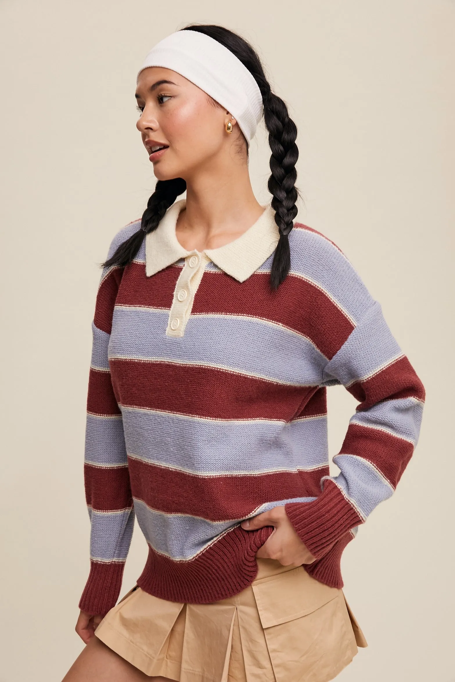 Burgundy Striped Polo Knit Sweater sold by Pinkblush
