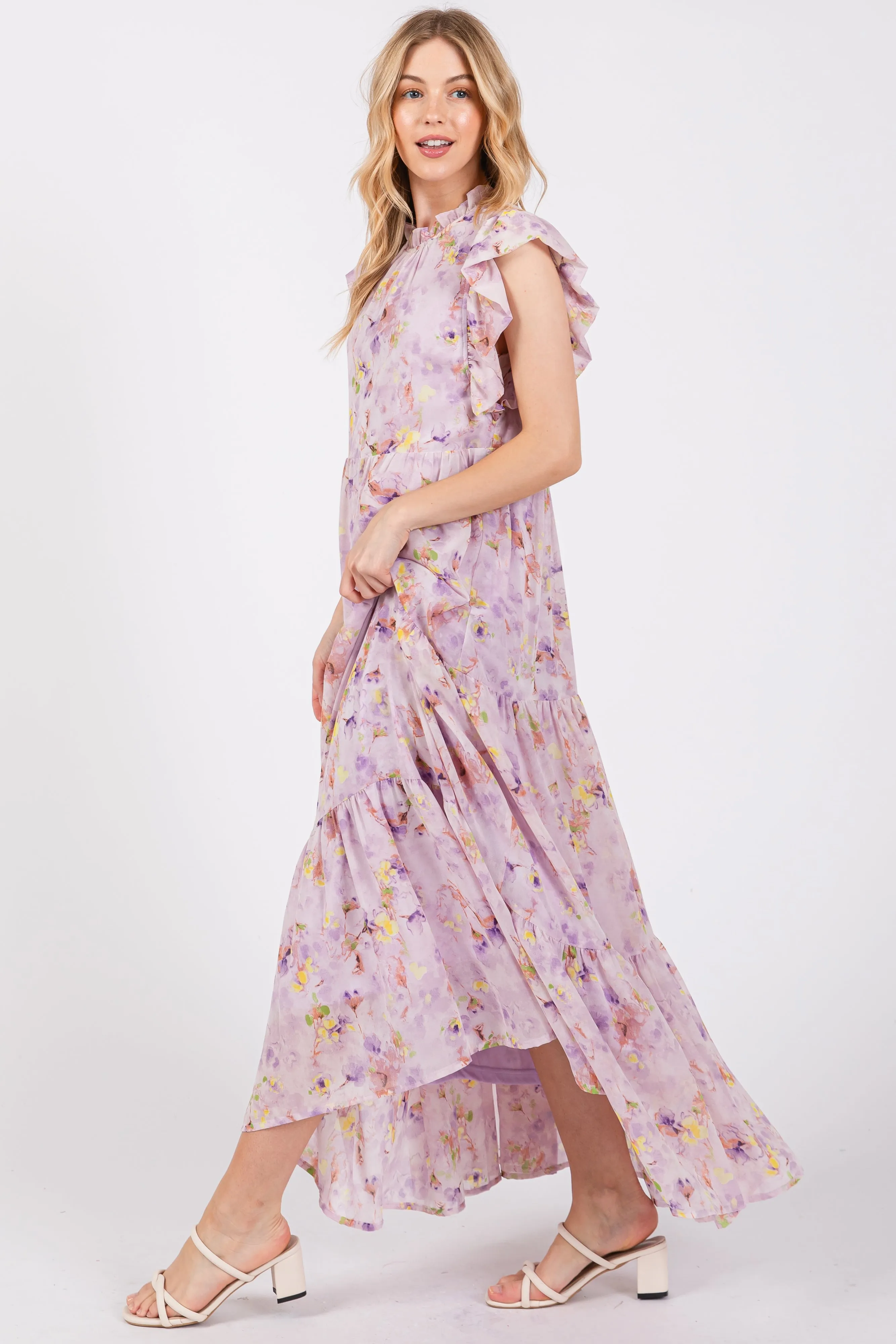 Lavender Floral Chiffon Ruffle Shoulder Tiered Maxi Dress sold by Pinkblush product image thumbnail 2