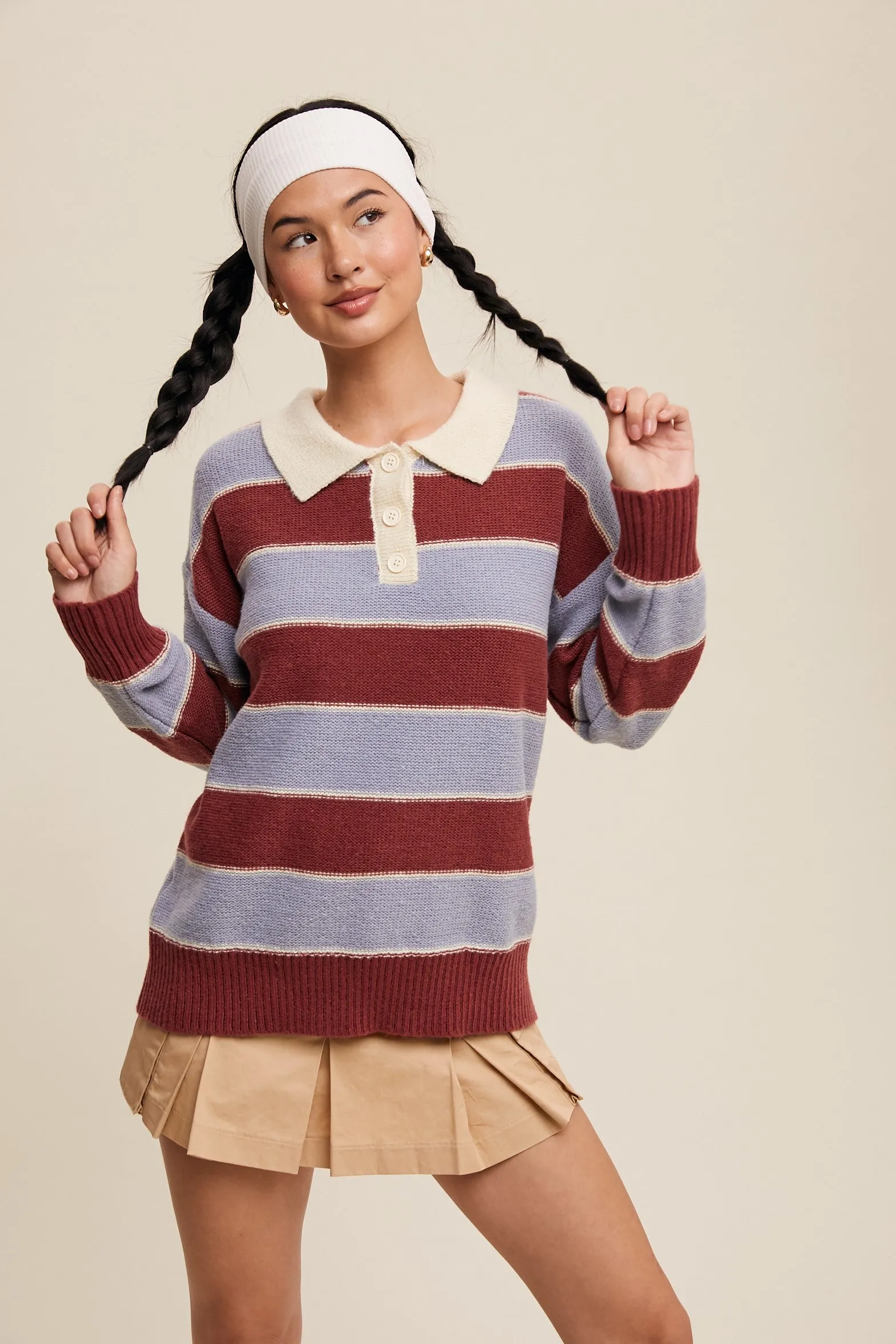 Burgundy Striped Polo Knit Sweater sold by Pinkblush product image thumbnail 2