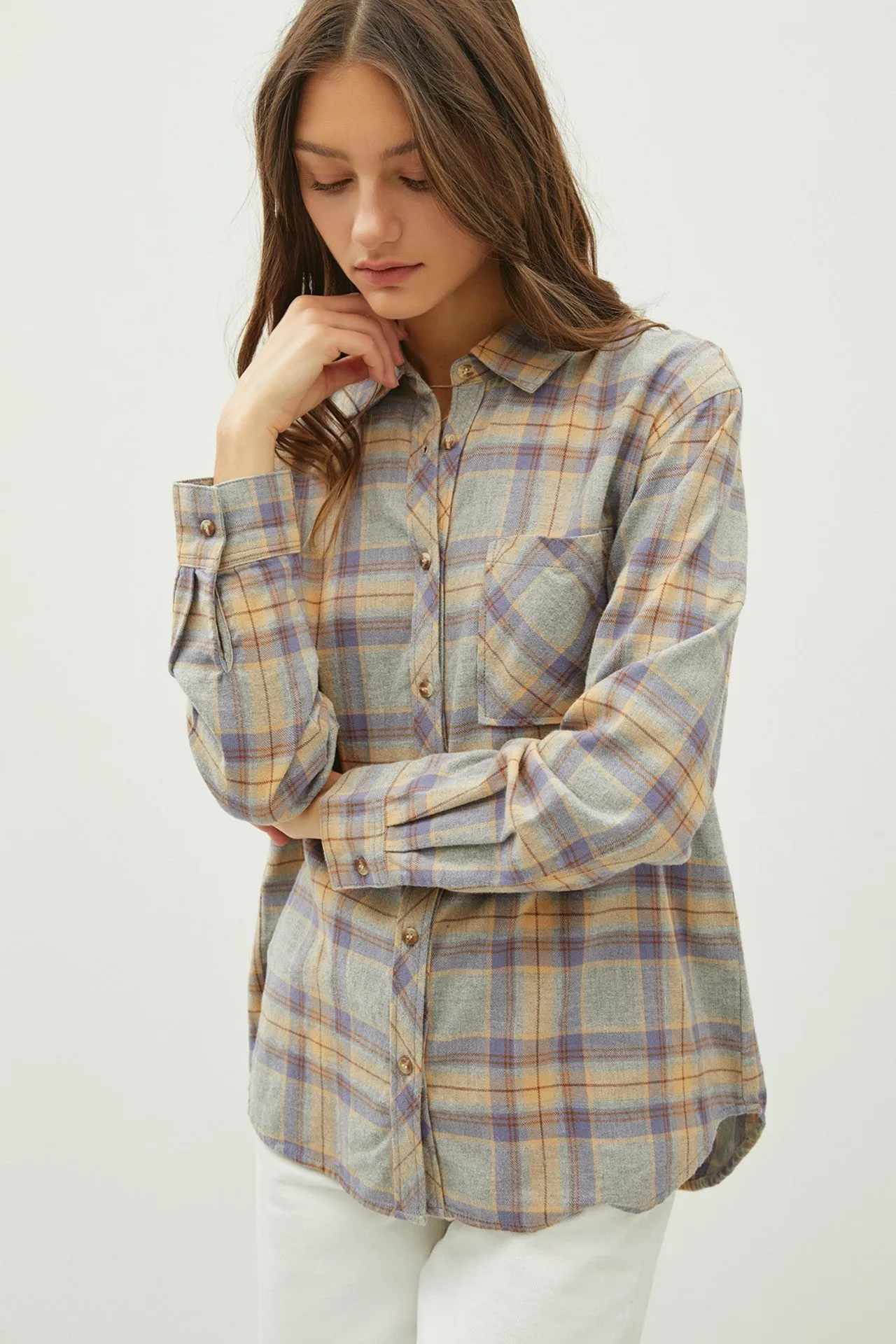 Grey Plaid Flannel Long Sleeve Oversize Button Up Shirt sold by Pinkblush product image thumbnail 4