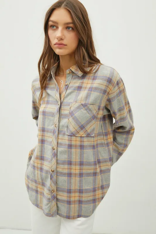 Grey Plaid Flannel Long Sleeve Oversize Button Up Shirt sold by Pinkblush