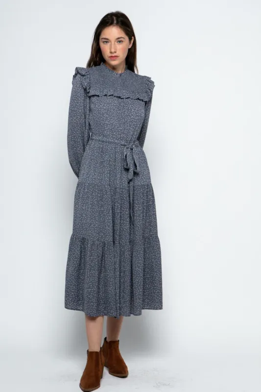 Denim Blue Smocked Yoke Detail Tiered Maxi Dress sold by Pinkblush