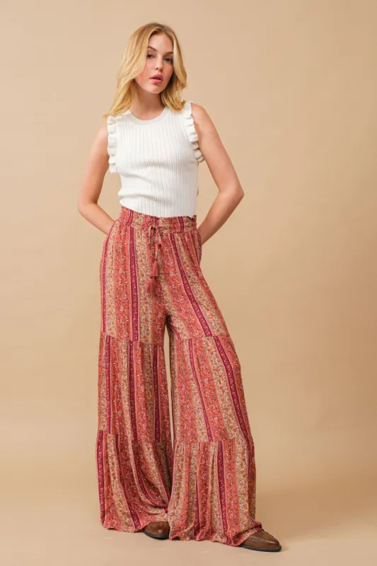 Berry Floral Print Tiered Wide Palazzo Pants sold by Pinkblush