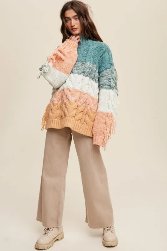 Green Multi Chunky Cable Knit Striped Fringe Detail Sweater sold by Pinkblush