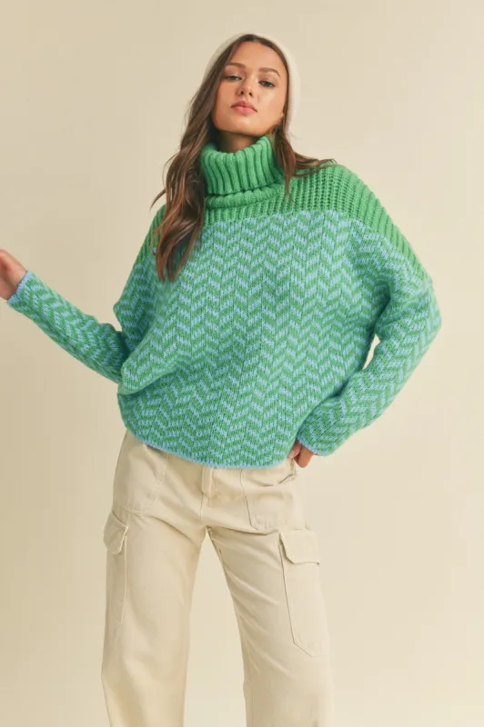 Green Blue Turtleneck Chevron Knit Sweater sold by Pinkblush