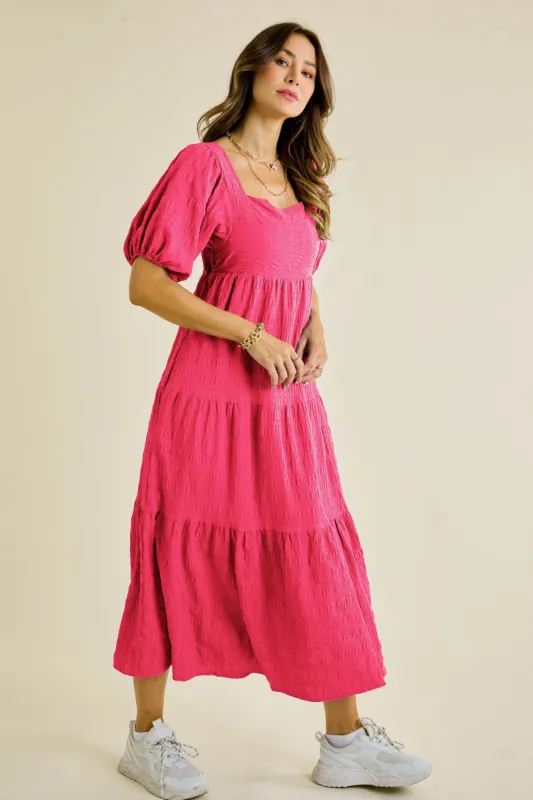 Hot Pink Square Neck Puffy Maxi Dress made by Pinkblush