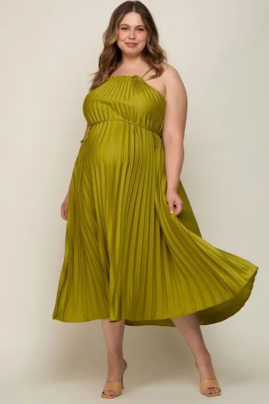 Lime Pleated Sleeveless Waist Tie Maternity Plus Maxi Dress sold by Pinkblush