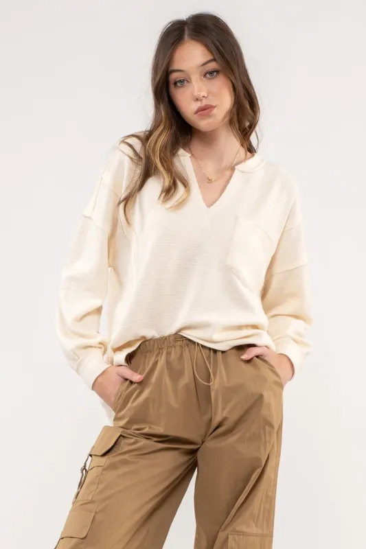 Cream Solid Patchwork Split Neck Knit Top made by Pinkblush