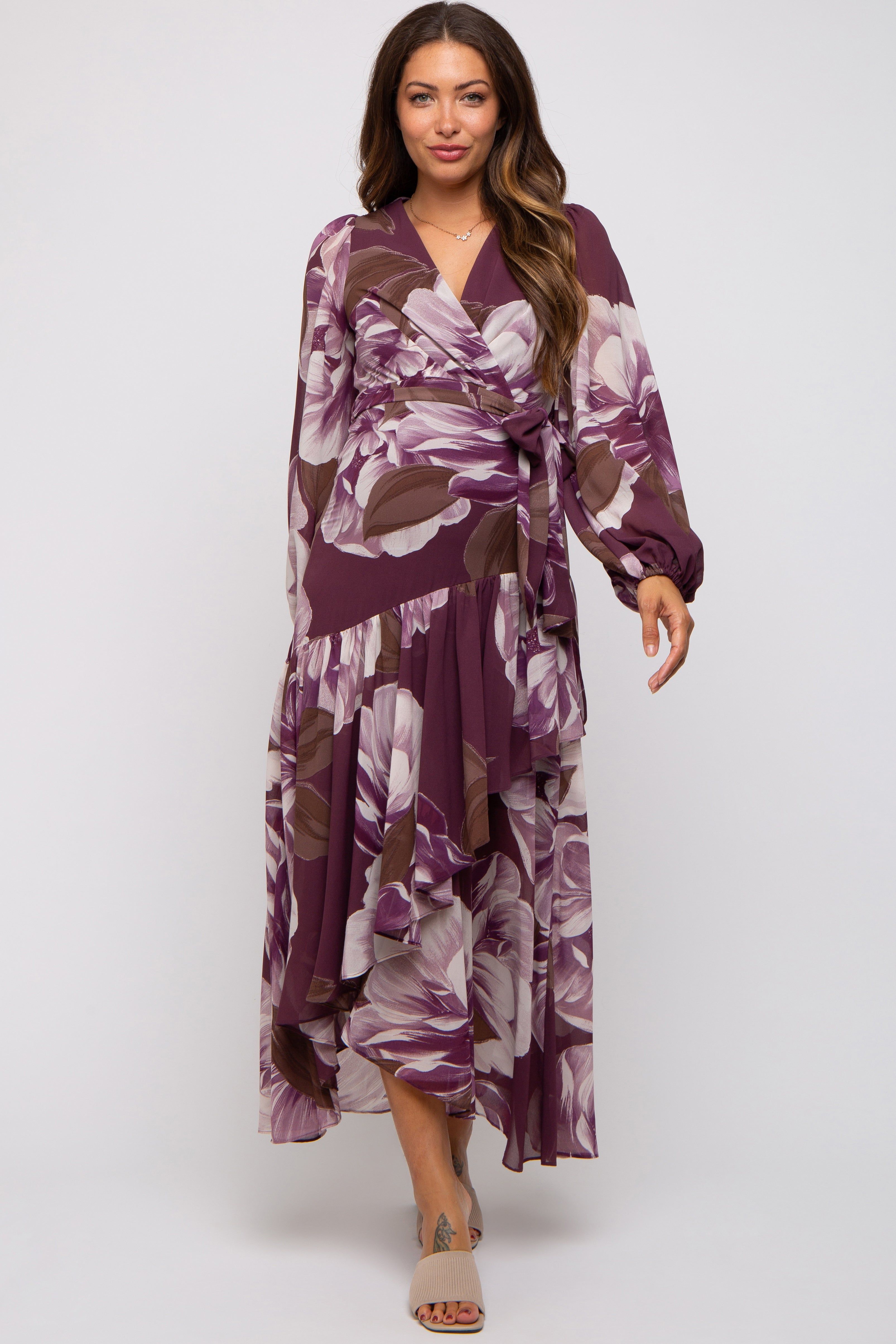 Plum Floral Chiffon Wrap Front Ruffle Maternity Midi Dress sold by Pinkblush