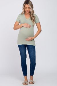Light Olive V-Neck Short Sleeve Maternity Top sold by Pinkblush