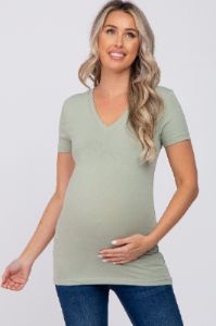 Light Olive V-Neck Short Sleeve Maternity Top sold by Pinkblush