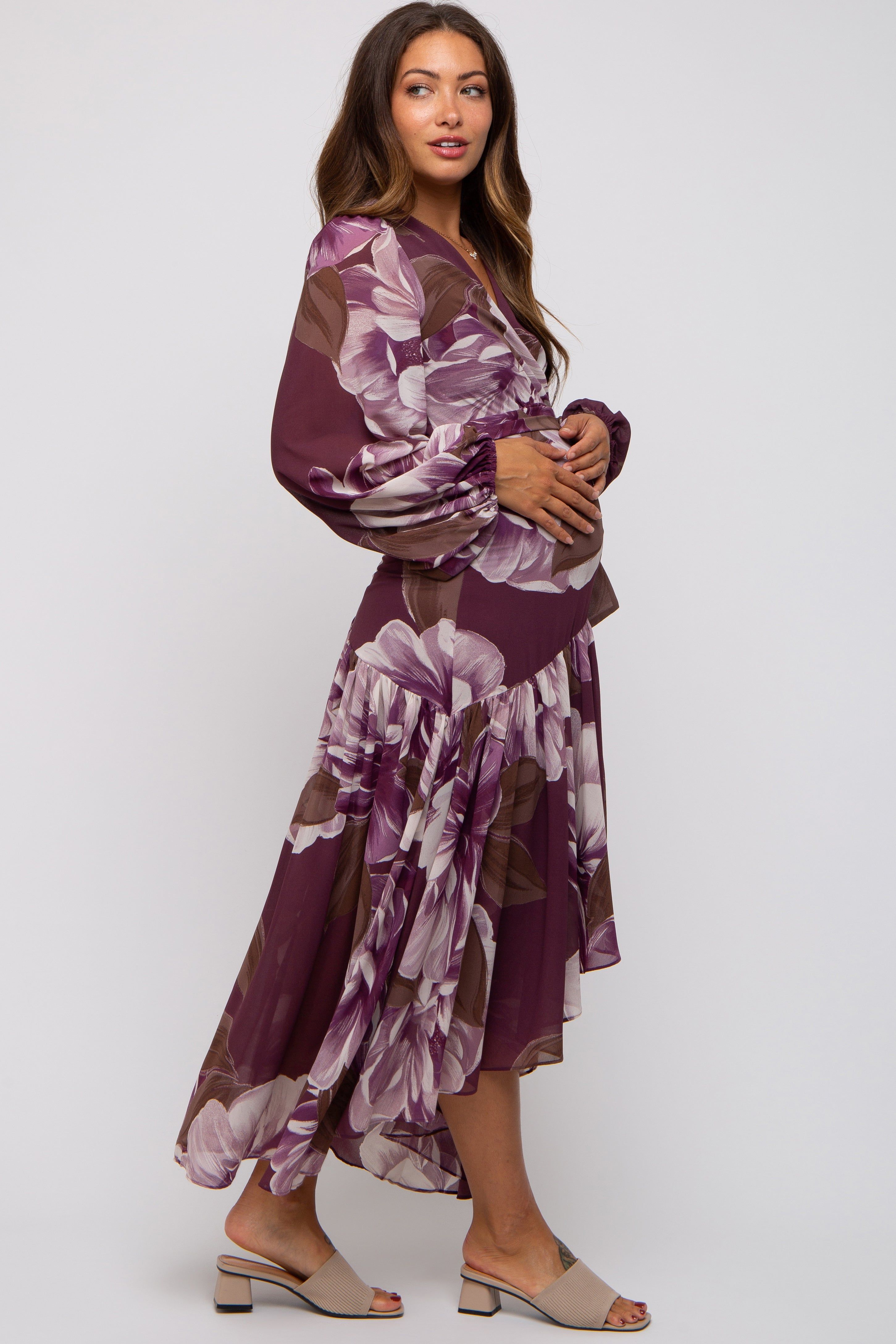 Plum Floral Chiffon Wrap Front Ruffle Maternity Midi Dress sold by Pinkblush product image thumbnail 2
