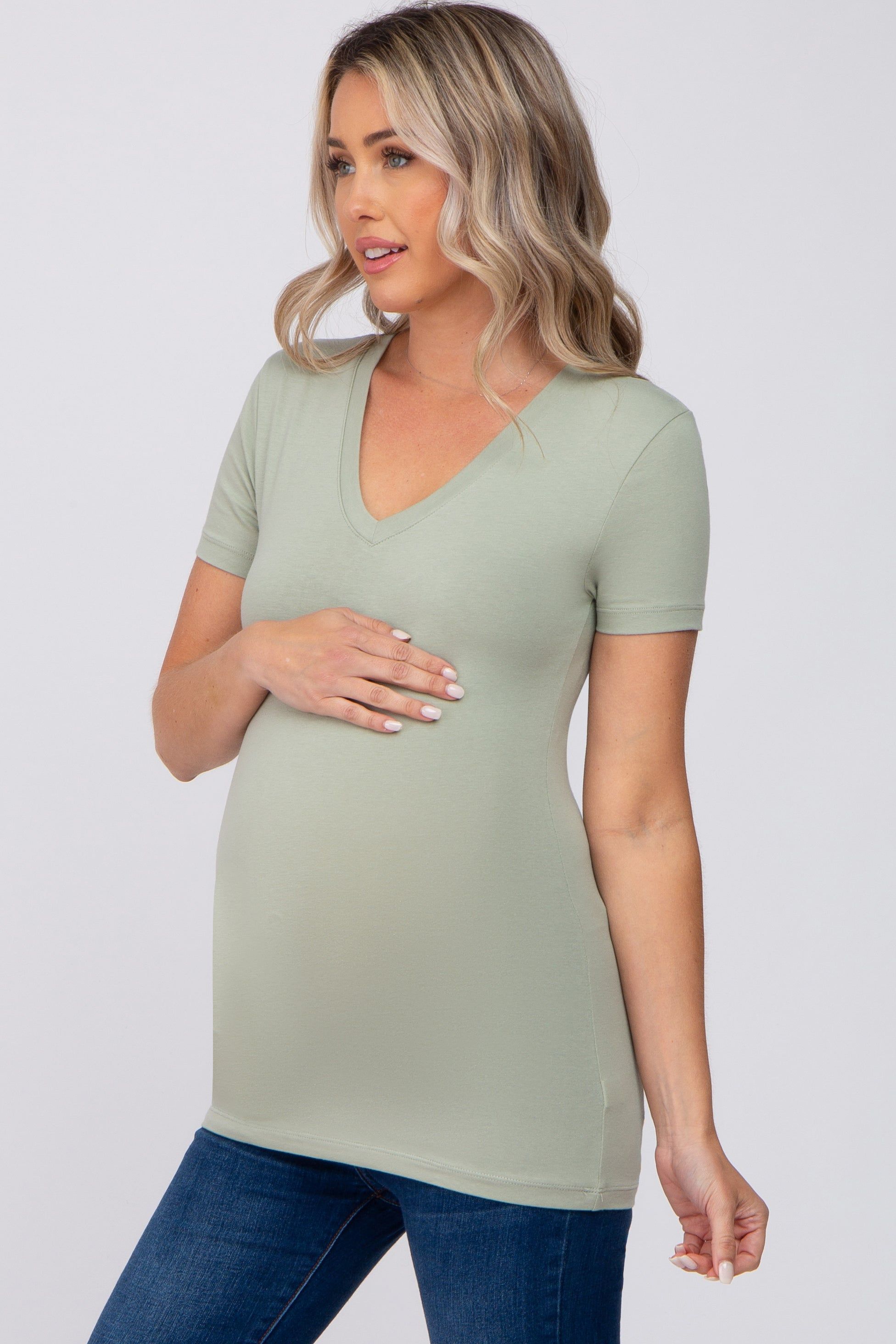 Light Olive V-Neck Short Sleeve Maternity Top sold by Pinkblush product image thumbnail 2