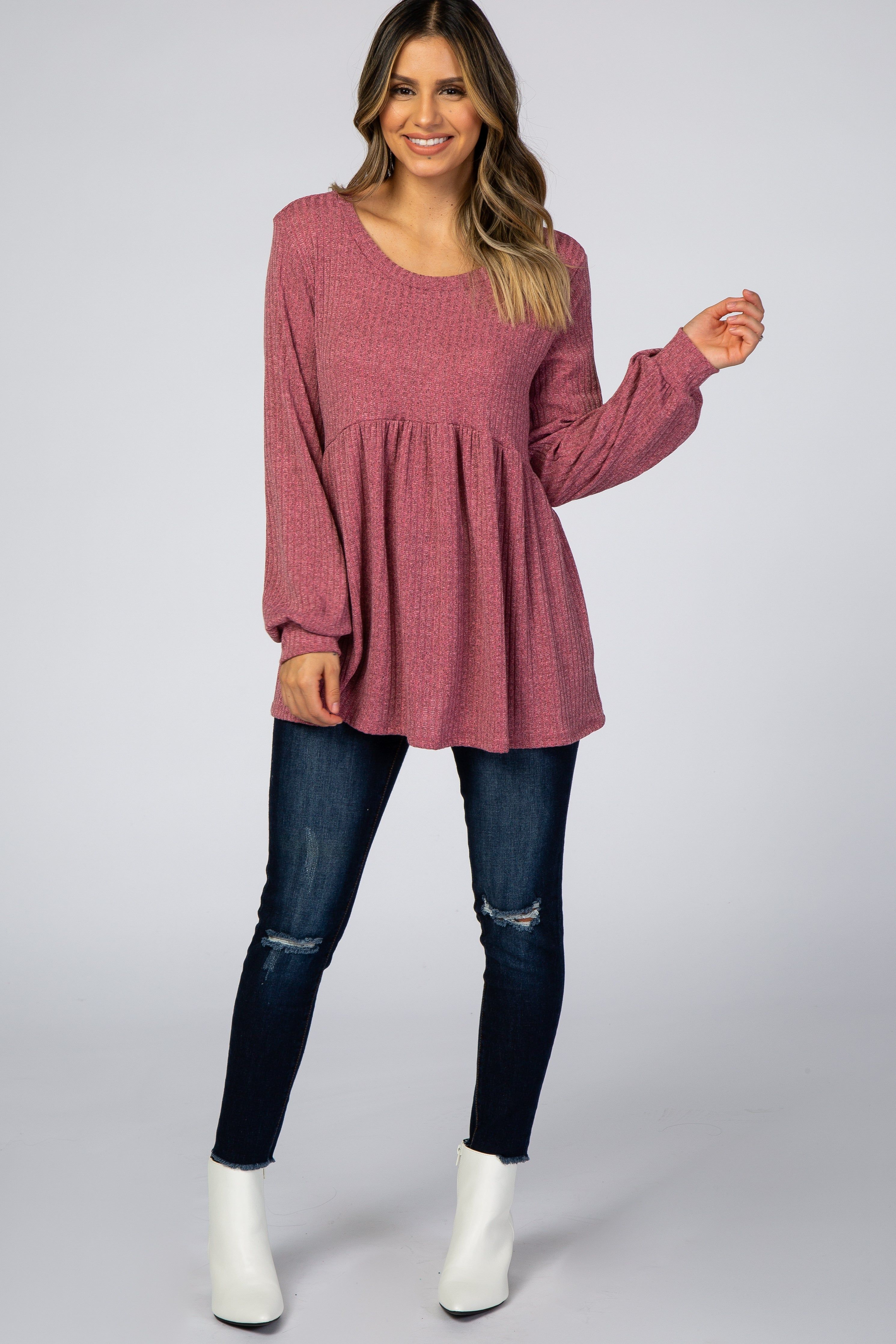 Mauve Textured Knit Babydoll Long Sleeve Top sold by Pinkblush product image thumbnail 2