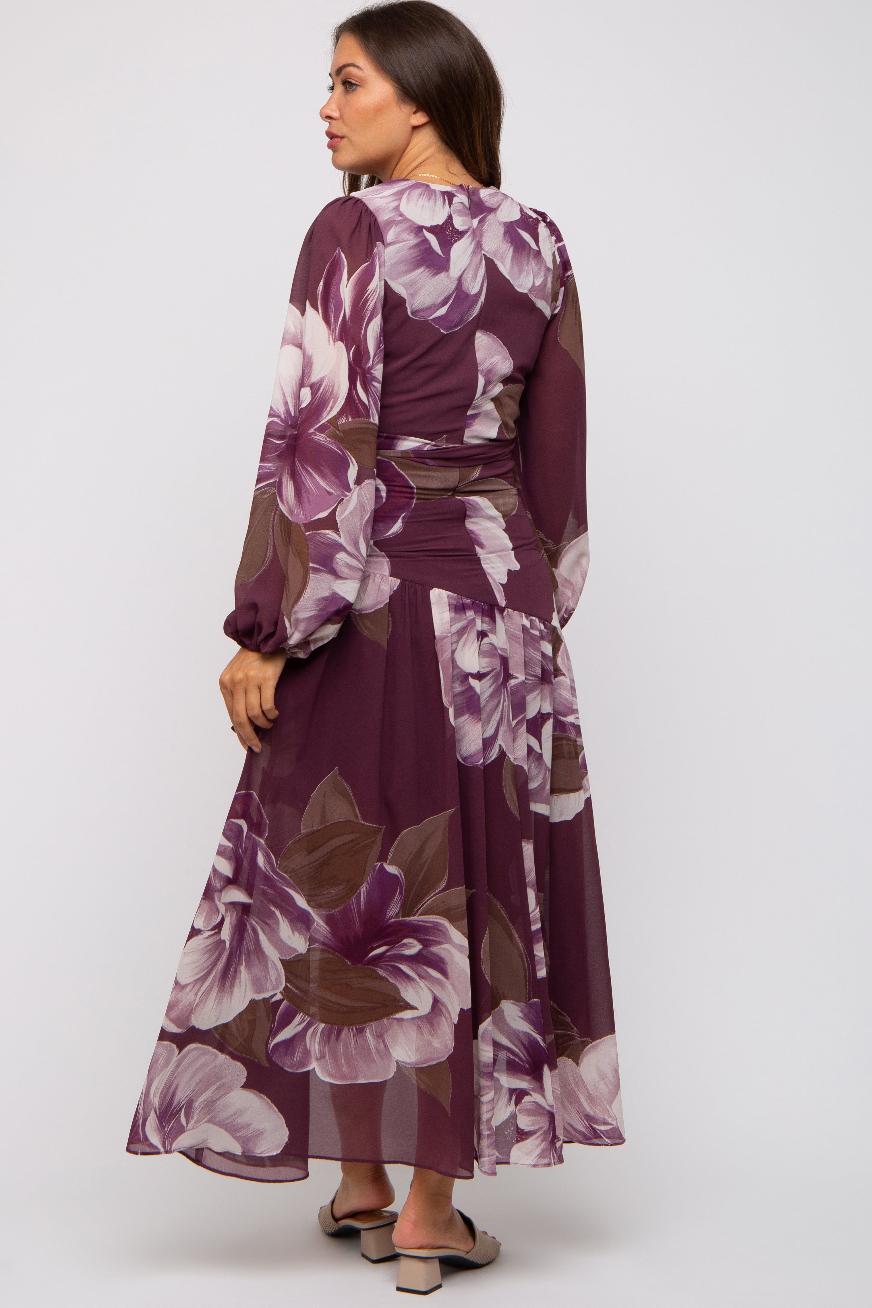 Plum Floral Chiffon Wrap Front Ruffle Maternity Midi Dress sold by Pinkblush product image thumbnail 3