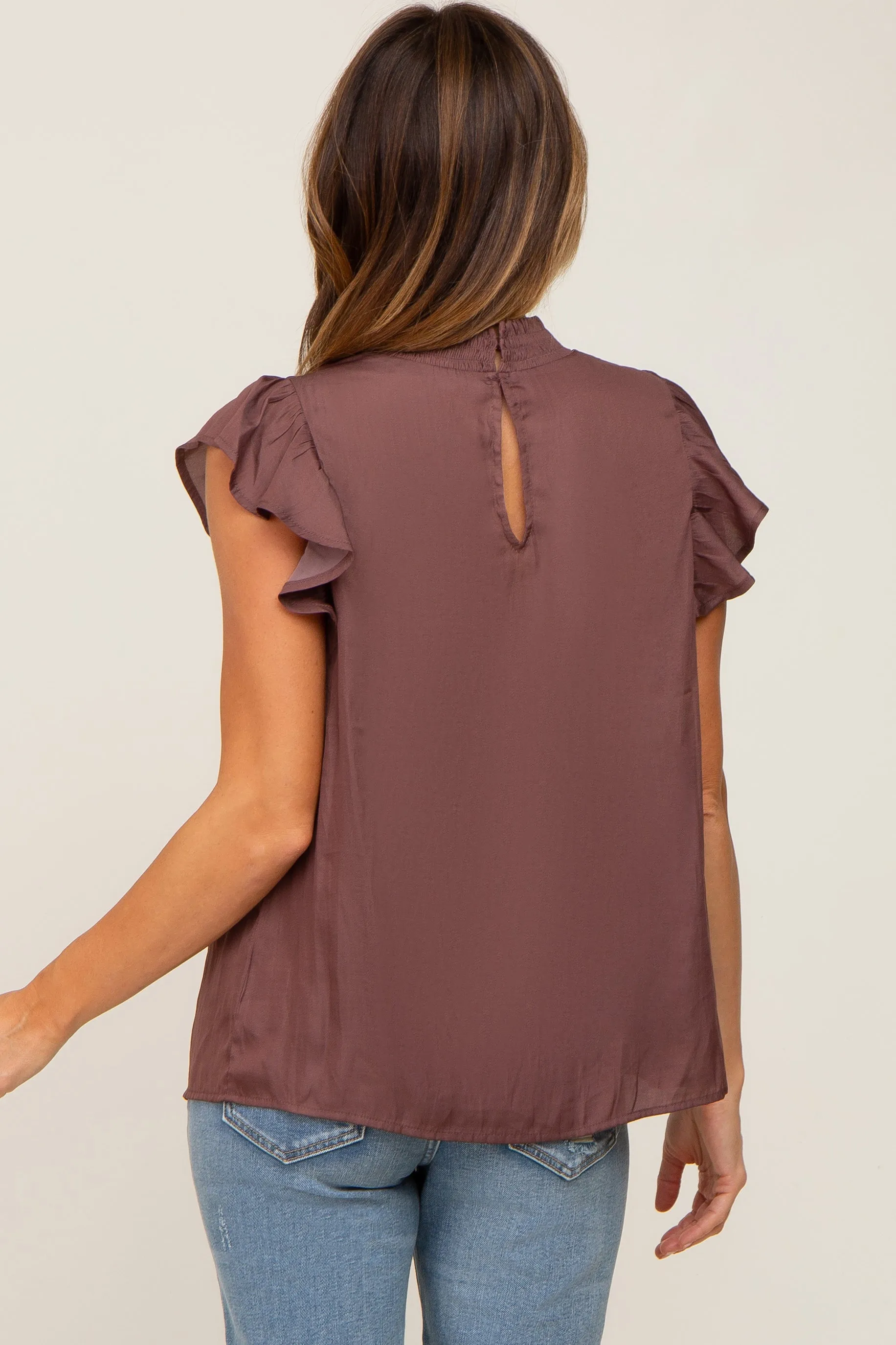 Brown Mock Neck Flutter Blouse sold by Pinkblush product image thumbnail 3